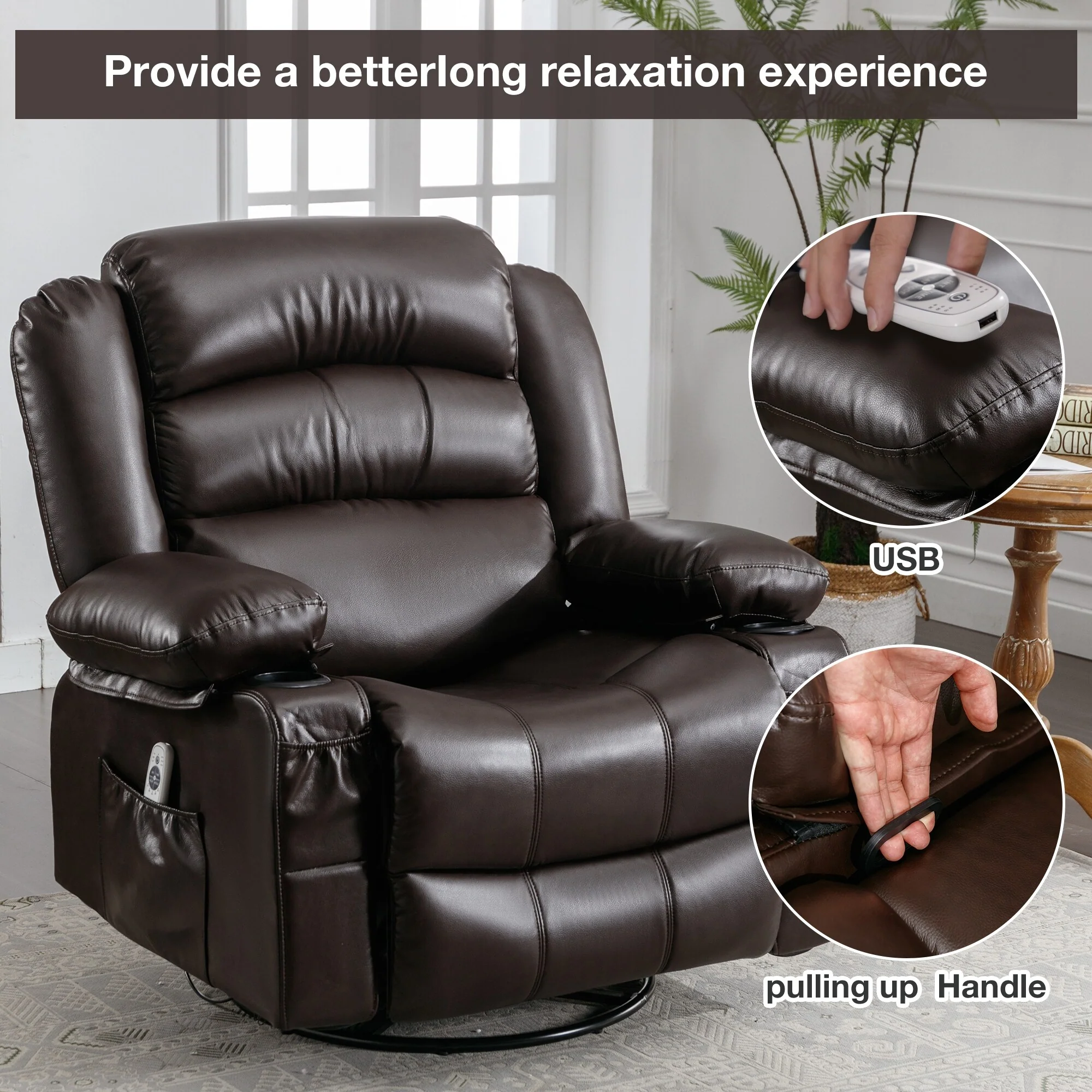 Black Swivel Rocker Recliner with Massage, Heat, USB, and Cup Holders