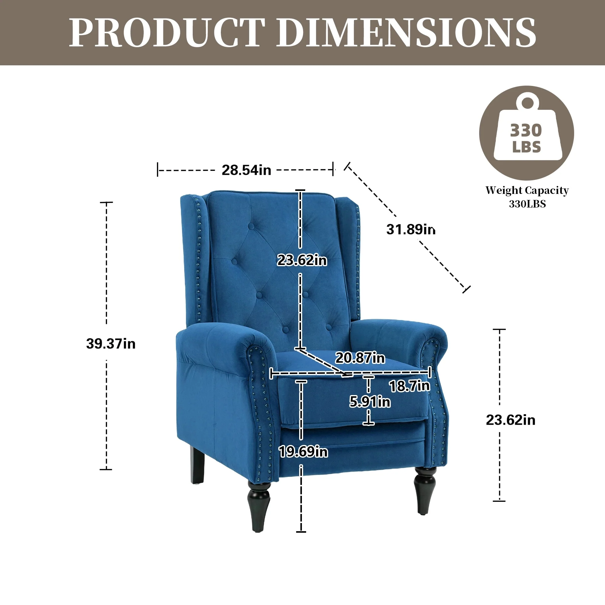 Velvet Upholstered Nailhead Tufted Recliner Chair with Black Legs