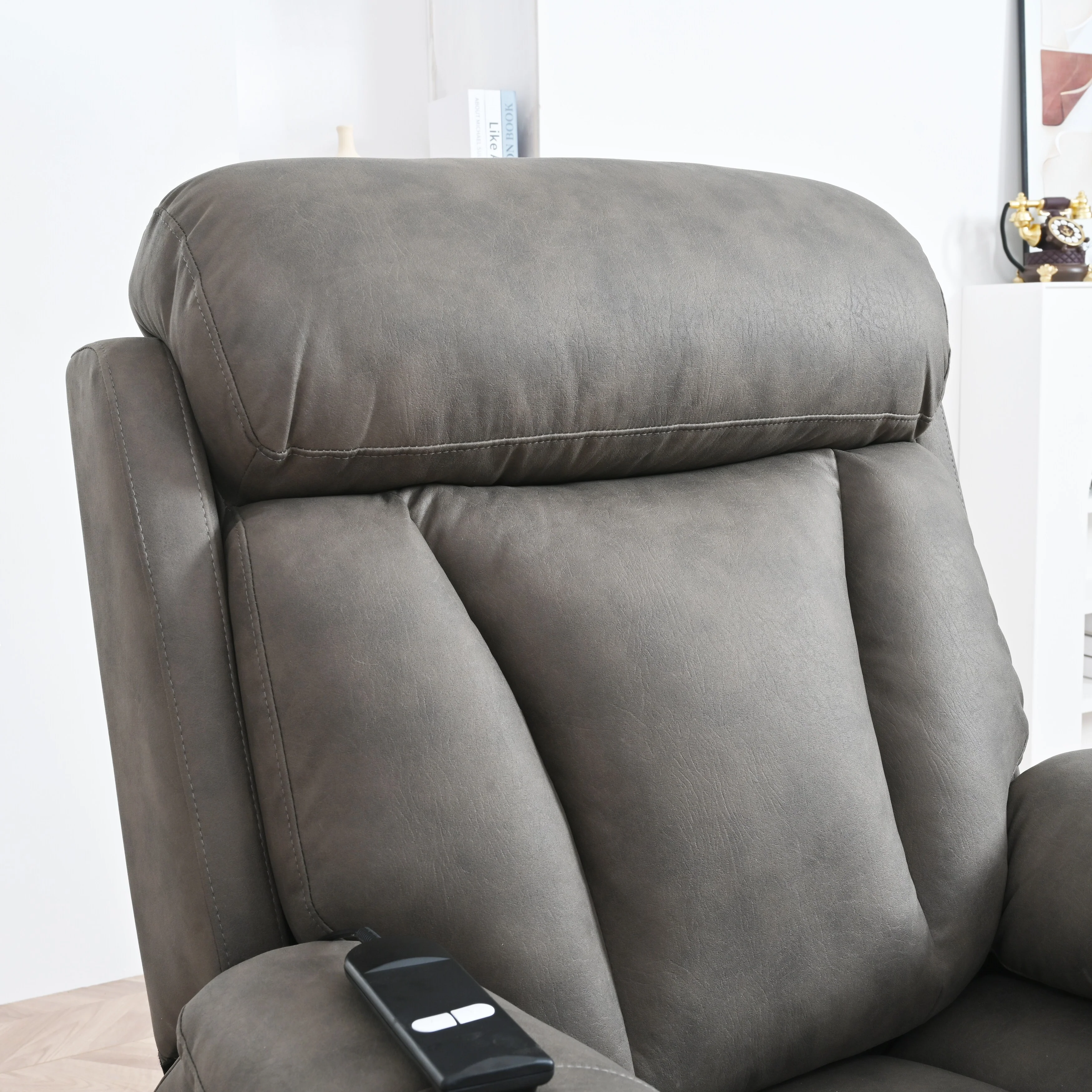 Grey Wide Seat Power Lift Recliner with Remote Control, Side Pocket, and Adjustable Recline Features