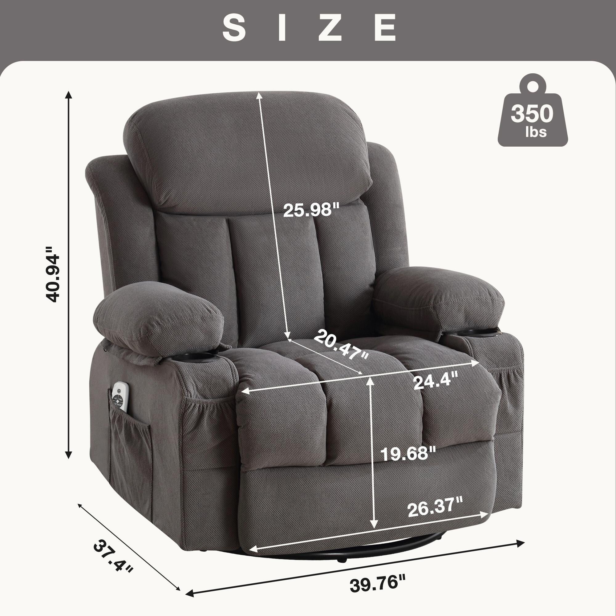 Swinging Recliner Massage Heated Sofa, with USB and 2 Cup Holders in Side Pockets