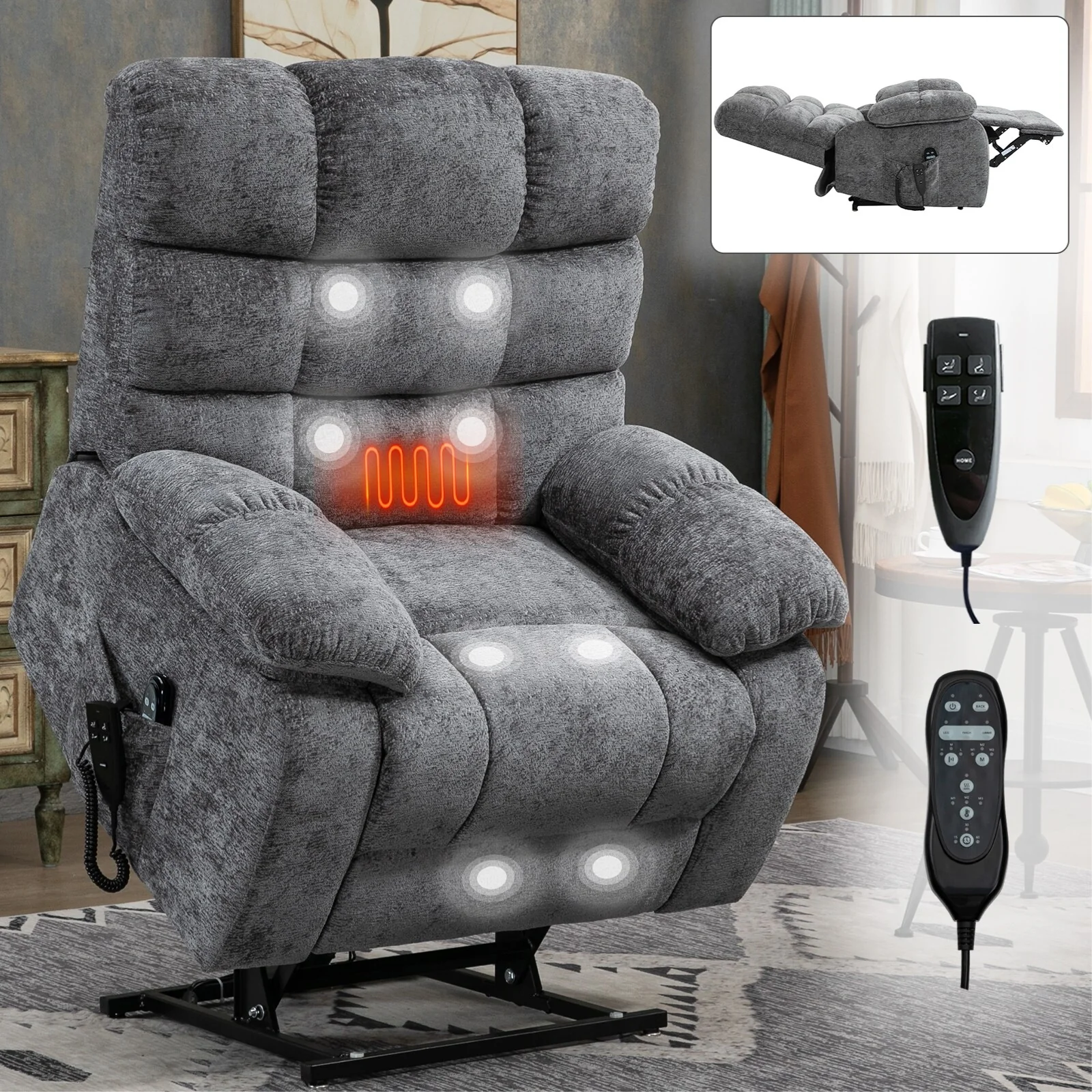 Grey Power Lift Recliner Chair with Heat and Massage, Dual Motor, Infinite Positions, Up to 350 LBS Capacity, Electric Recline
