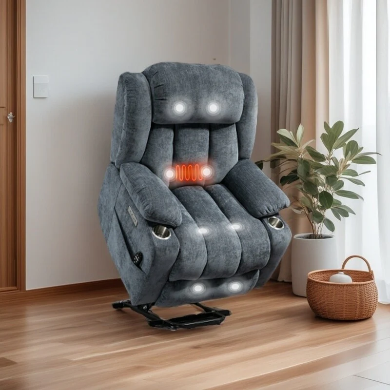 Electric Lift Recliner with Targeted Massage, Lumbar Heating, Dual USB Charging, and Stainless Steel Cup Holders