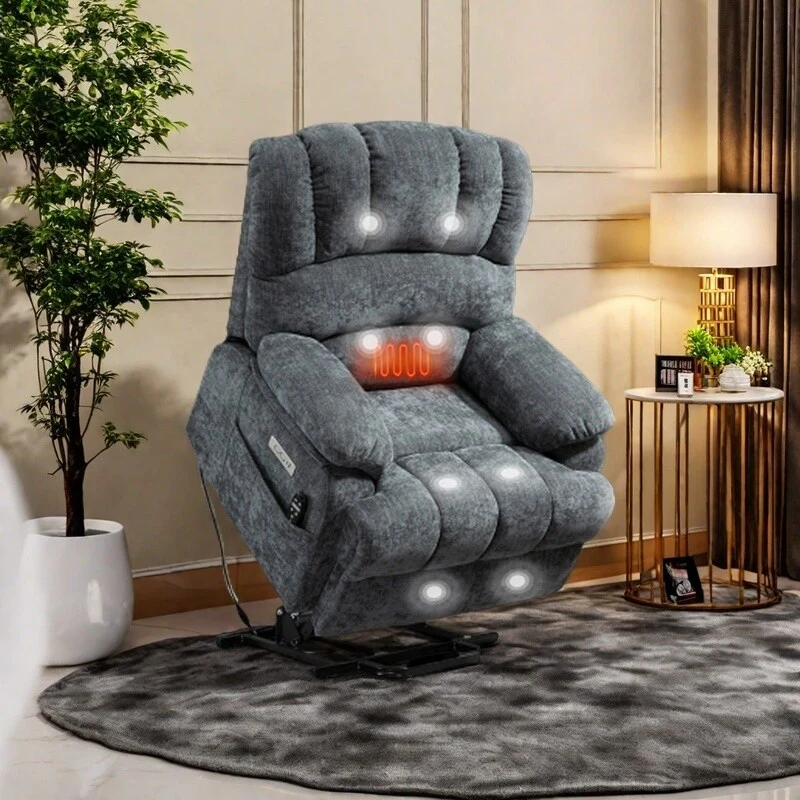 Oversized Power Lift Recliner Chair with Massage, Heat, 8-Point Vibration, Lumbar Heating, USB Port, Dual Side Pockets