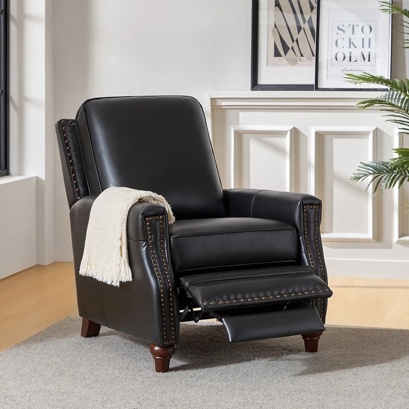 Cigar Mid-century Modern Genuine Leather Recliner with Nailhead Trim by HULALA HOME