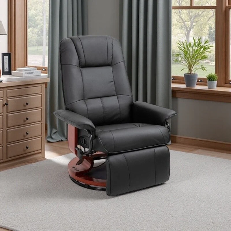 Manual Faux Leather Swivel Recliner with Extendable Footrest, Padded Armrests, and Wrapped Wooden Pedestal Base