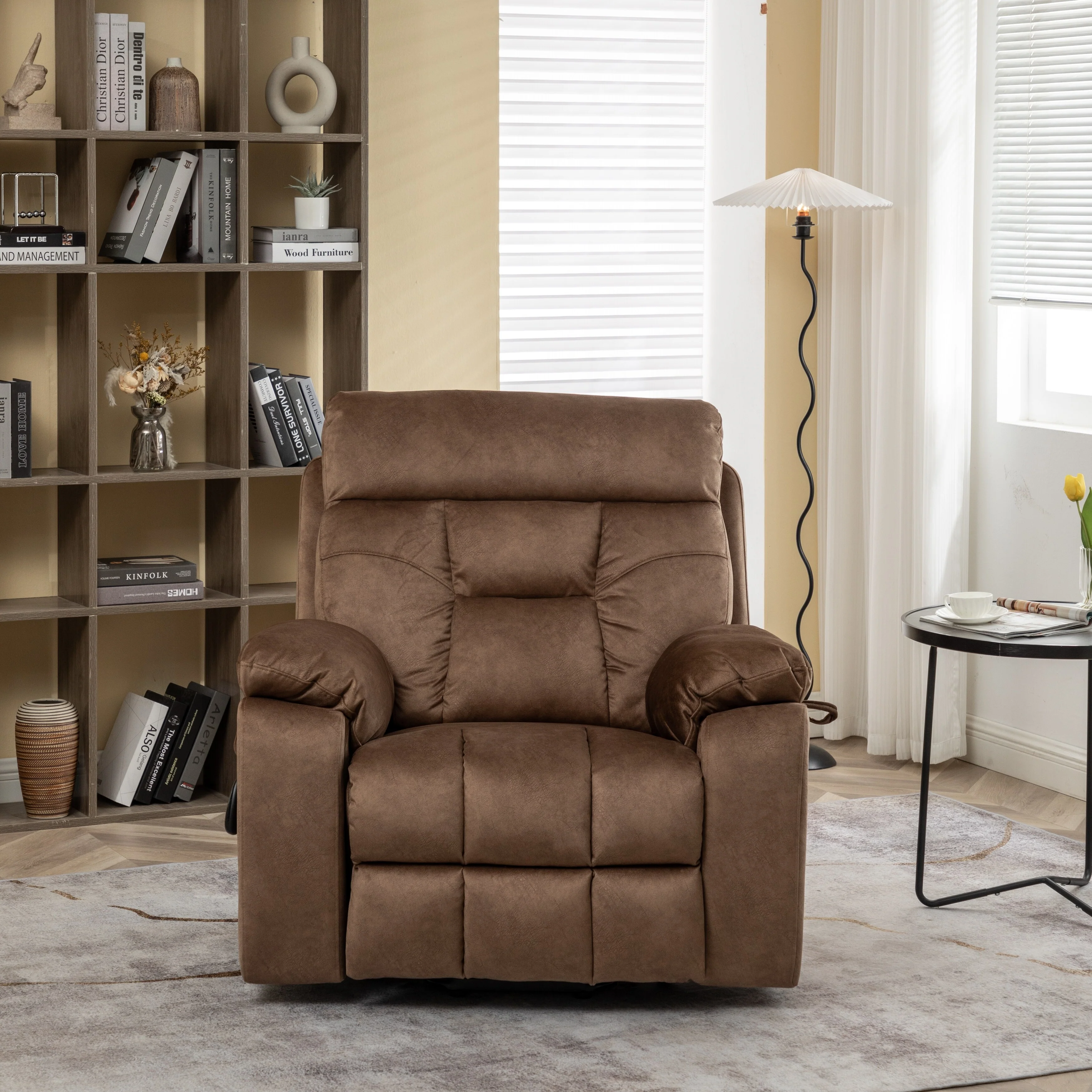 Brown Velvet Lift Recliner, Massage, Hidden Cup Holder, Pockets