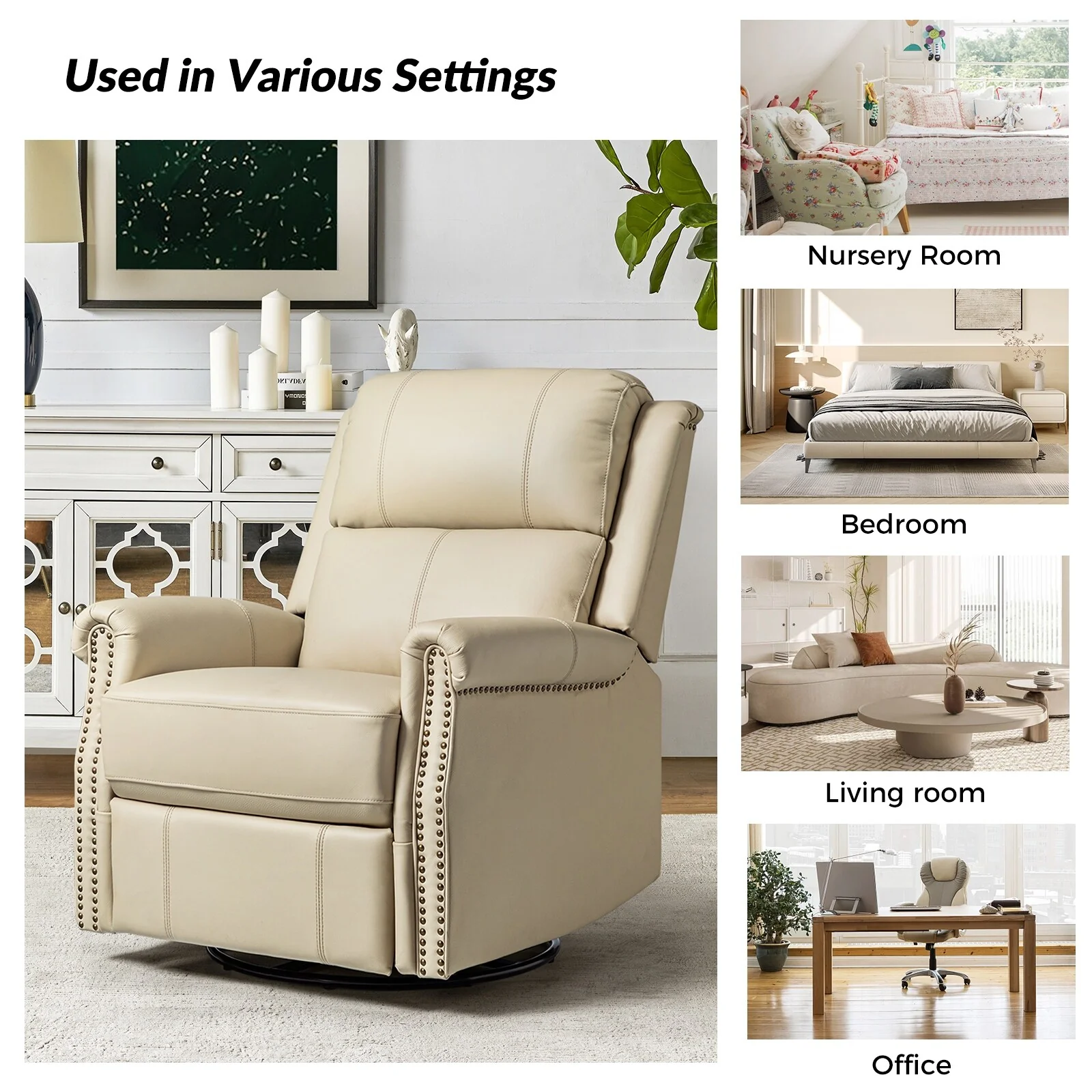 Renato Traditional Genuine Leather Nailhead Power Swivel Recliner Chair with Metal Base Set of 2 by HULALA HOME