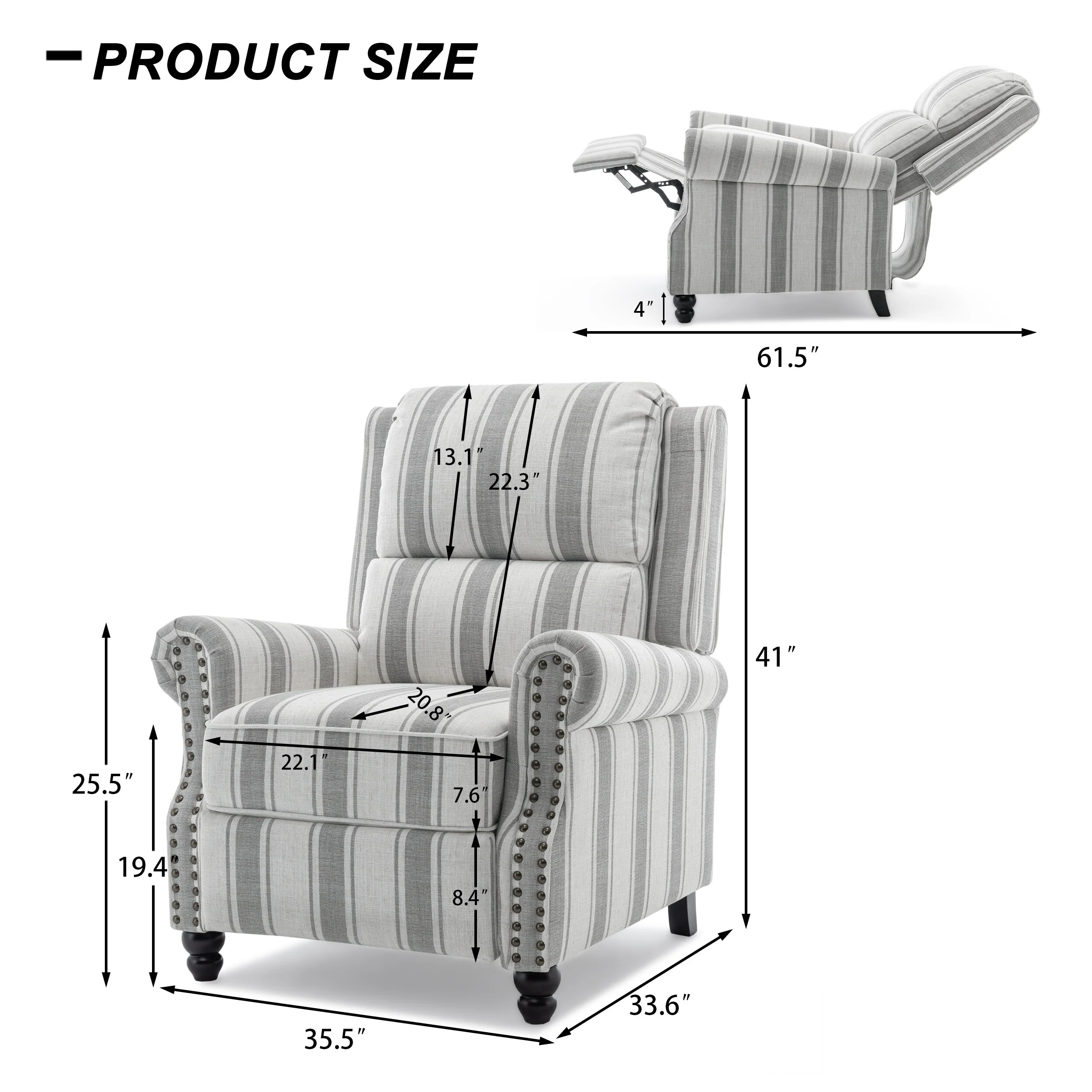 2 Set Nail-head Padded Seat Pushback Recliner Chair