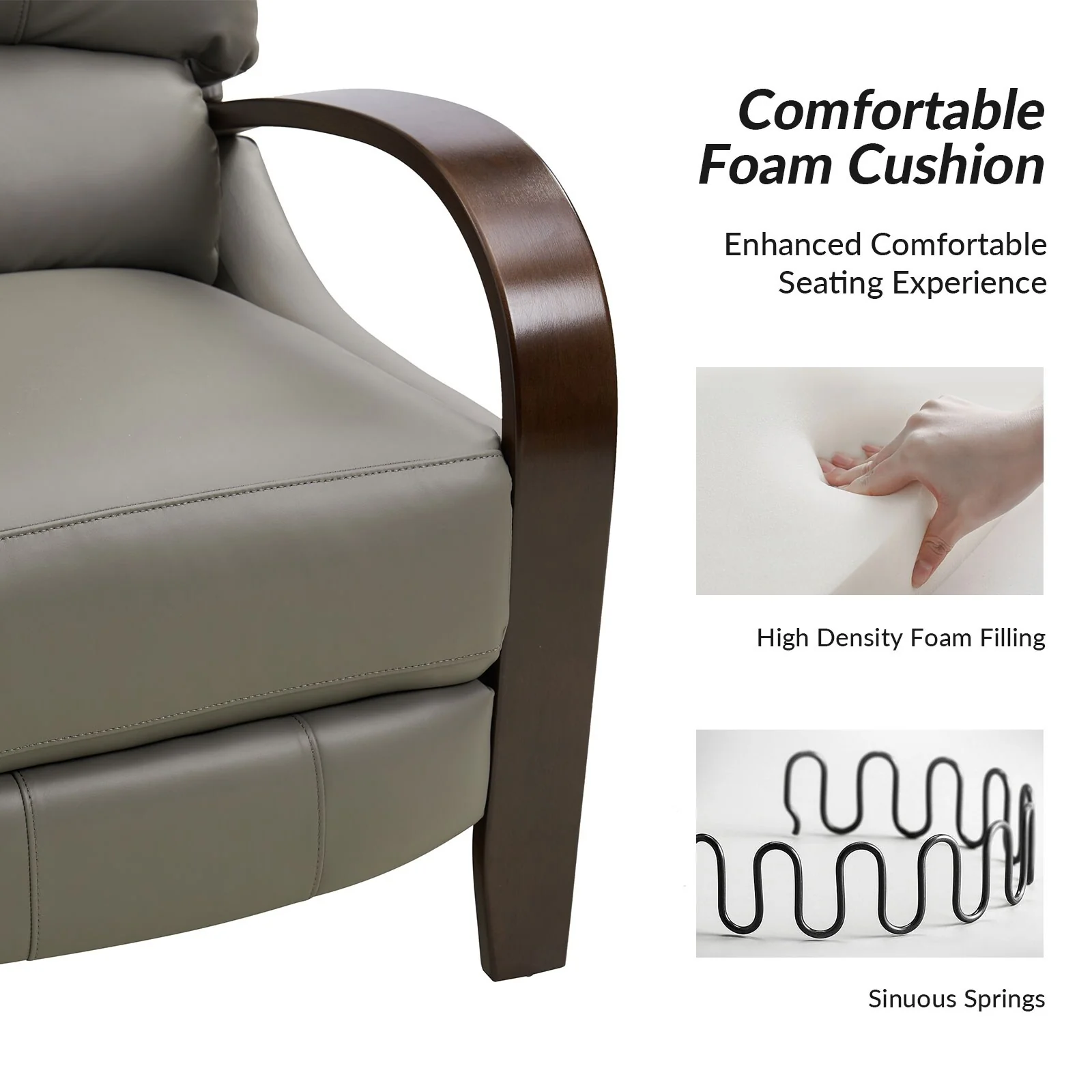 Alex Mid-century Modern Cigar Genuine Leather Manual Recliner with Wooden Curved Arms