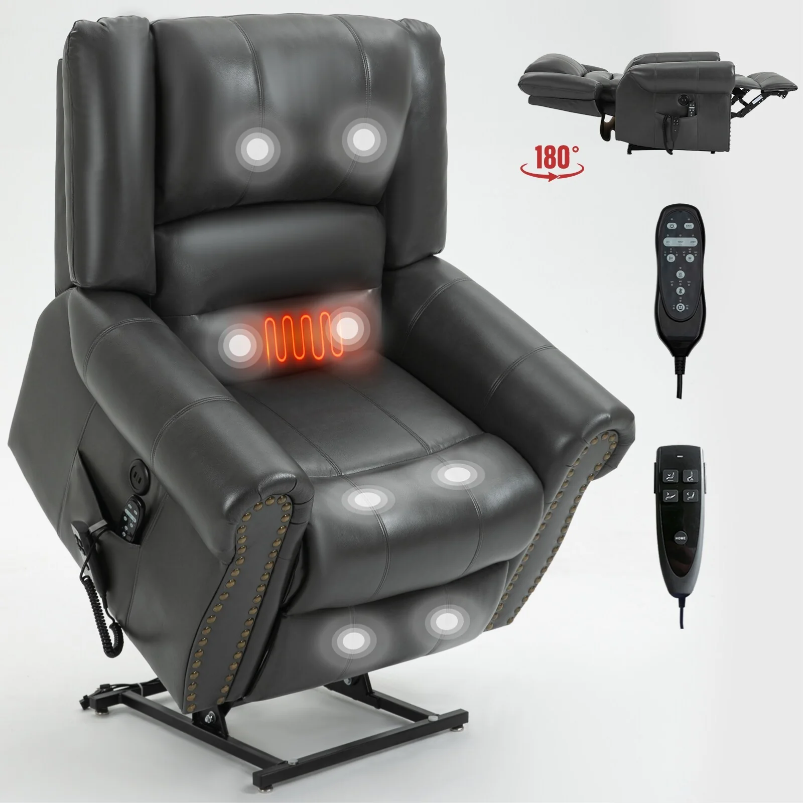Brown Faux Leather Power Lift Recliner with Heat Massage, USB Connectivity, and Multiple Recline Positions