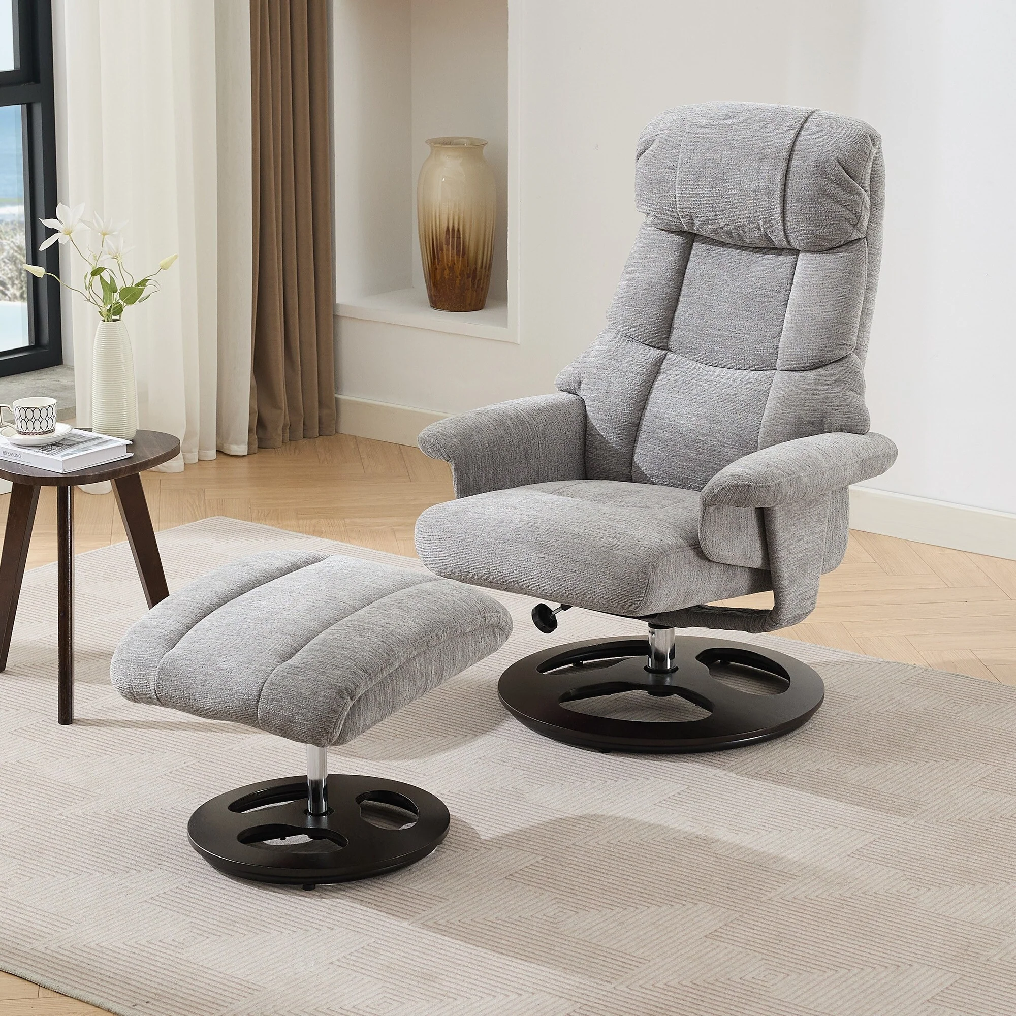 Modern 360�� Swivel Lounge Chair with Footstool, 5 Point Vibration Massage, Seat Heating & 140�� Adjustable Backrest