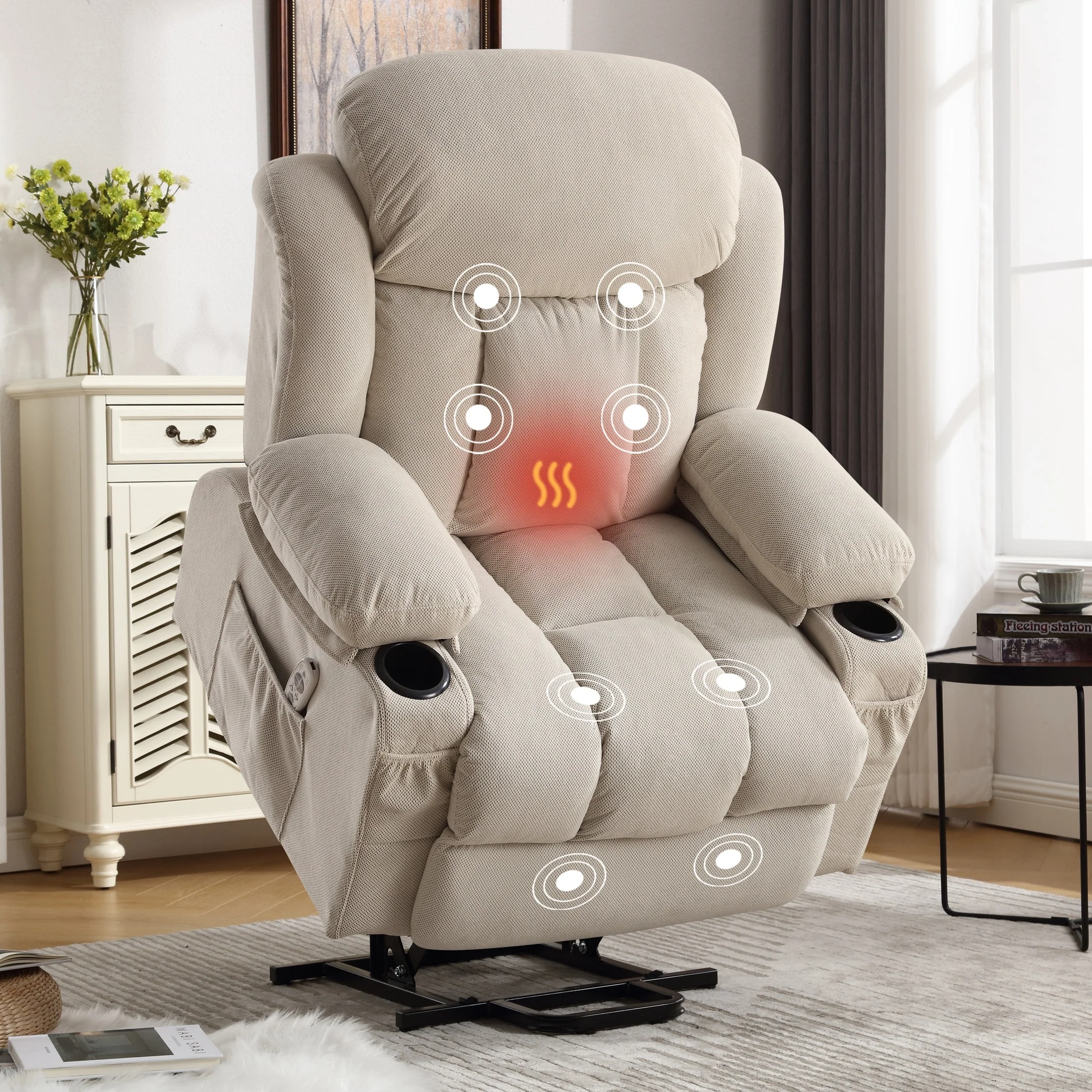 Power Lift Recliner Chair with Heat and Massage Electric Fabric Recliner Chair for Elderly with Side Pocket, USB Charge Port, Re