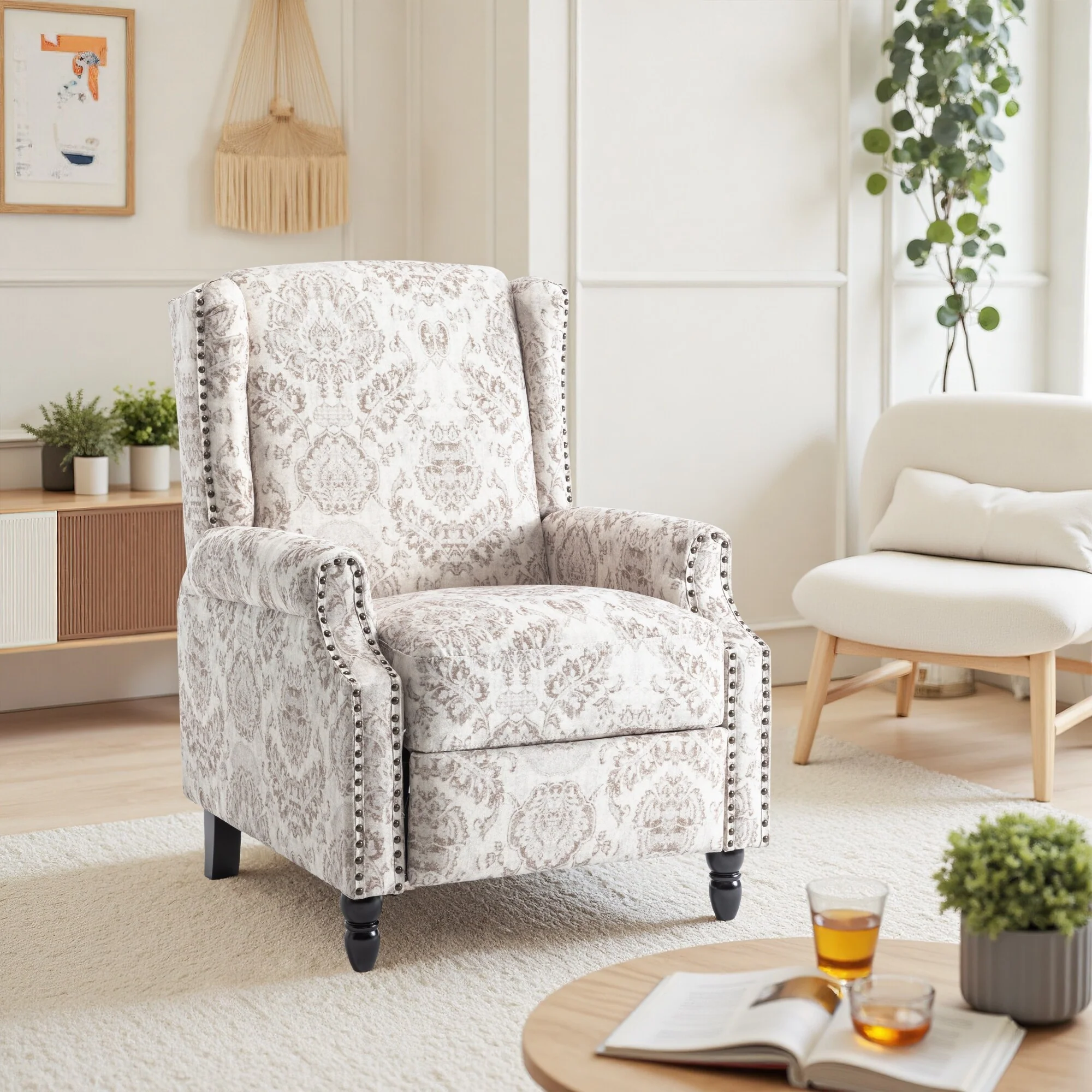 Linen Manual Upholstered Recliner with Wood Legs