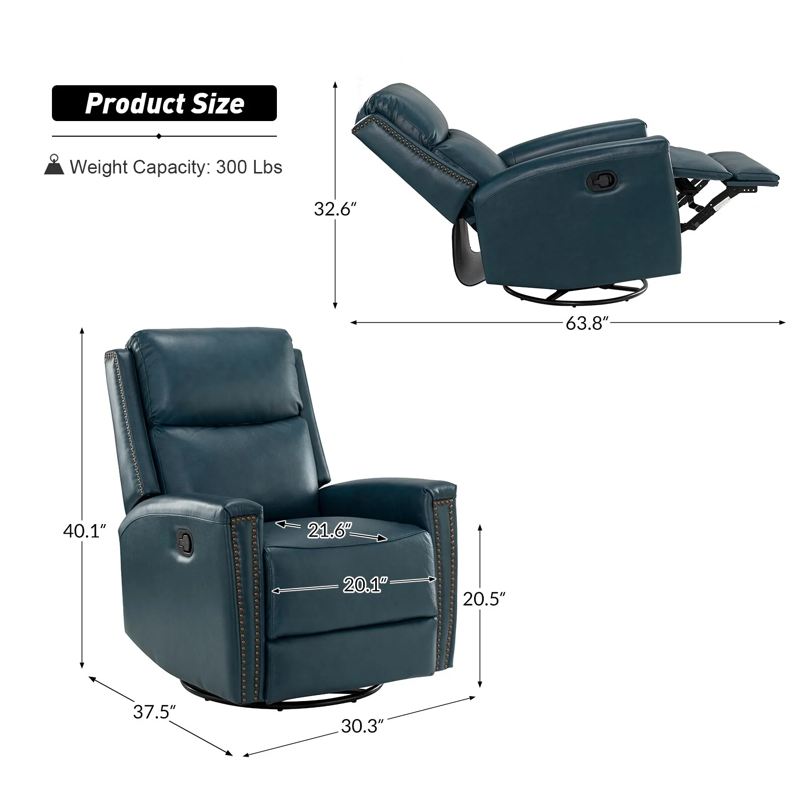Fiacro 30.31Wide Modern Genuine Leather Wingback Swivel Rocker Recliner with Nailhead Trims