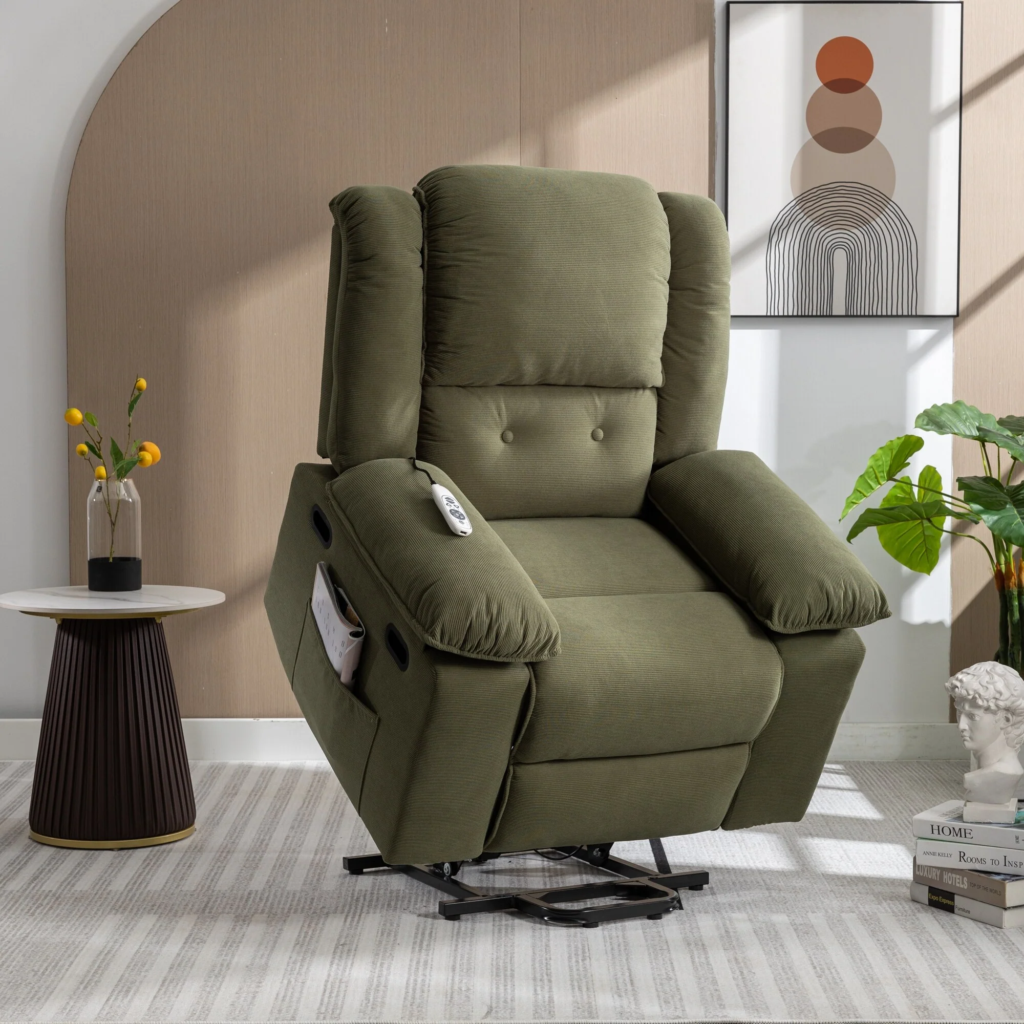 Beige Power Lift Recliner with Massage, Heating, Infinite Recline, Side Pockets, and Retractable Armrests