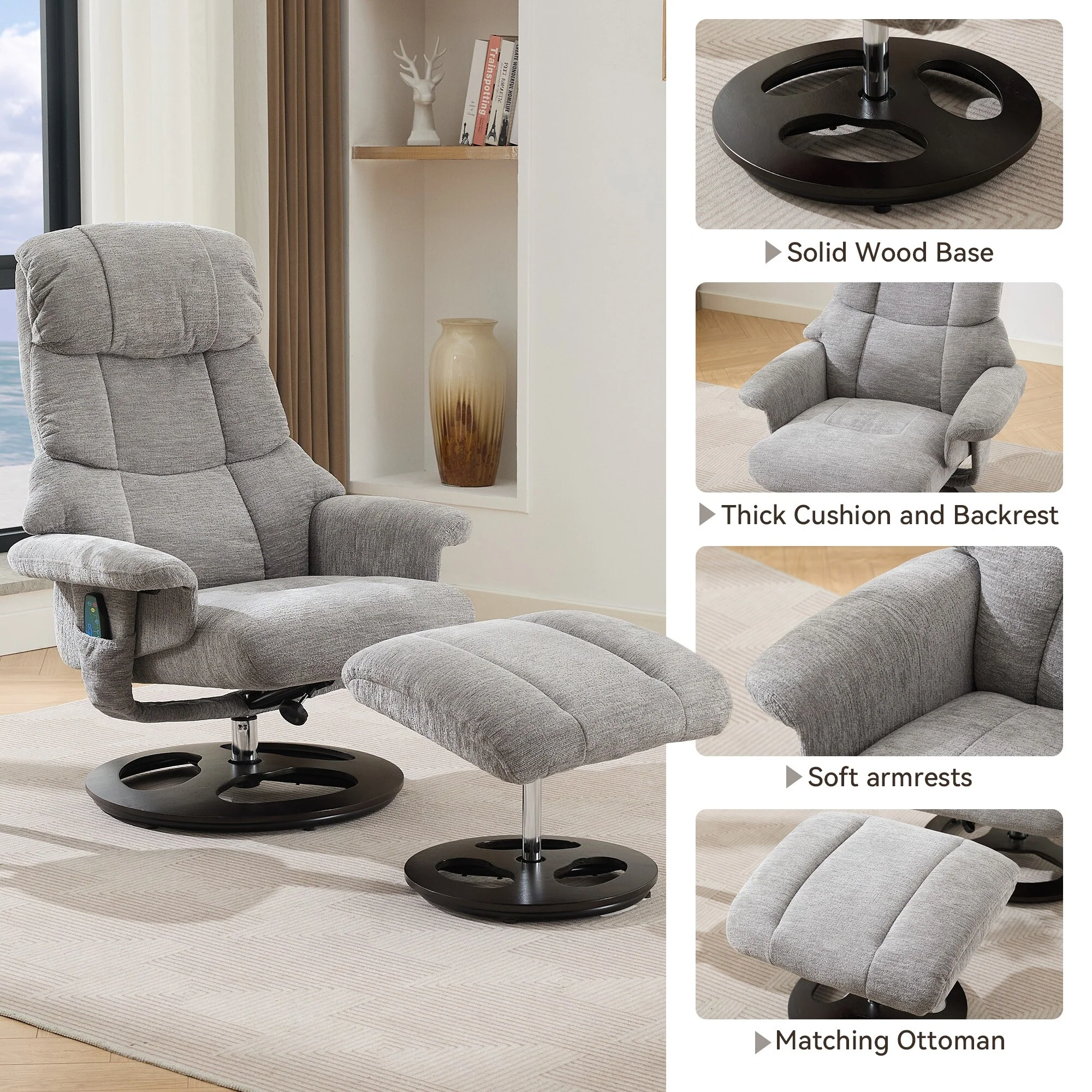 Recliner Chair with Ottoman, Modern 360�� Swivel Lounge Chair with Footstool, Chenille Fabric, 5 Point Vibration Massage