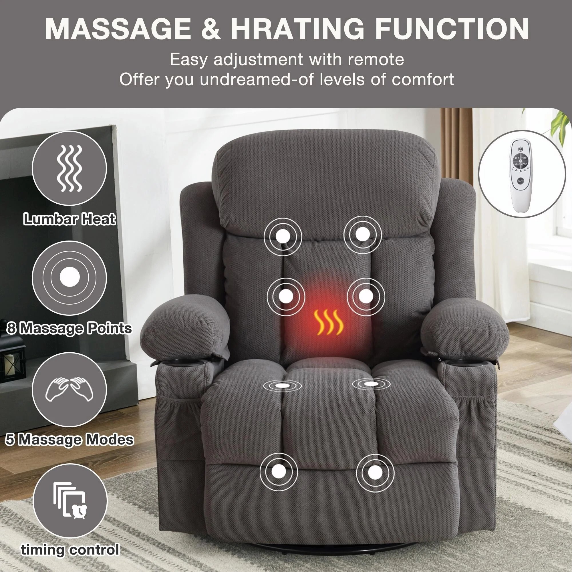 Swinging Recliner Massage Heated Sofa, with USB and 2 Cup Holders in Side Pockets