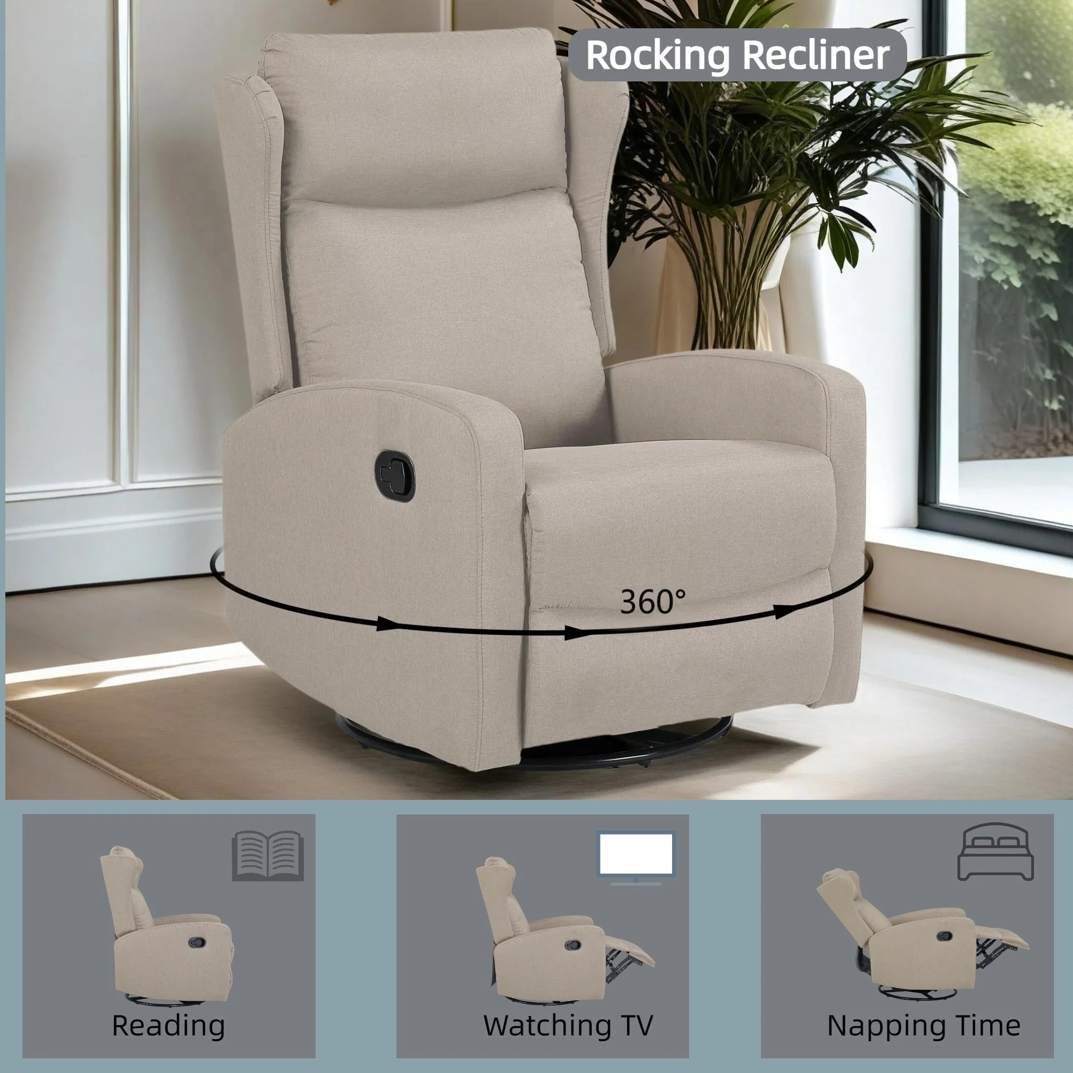 360�� Swivel Rocker Recliner Chair with 3-Position Adjustable Back (90��-165��) and 30�� Gentle Rocking Motion