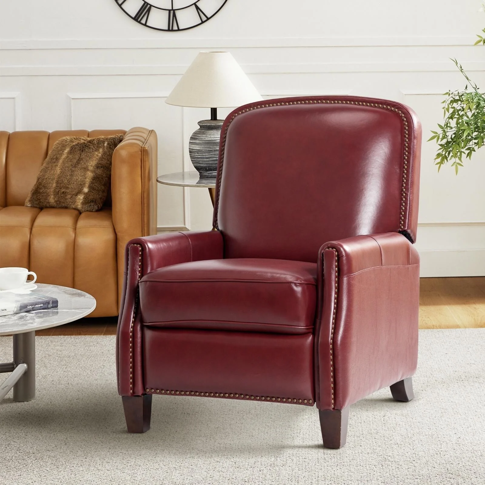 Gladis Modern Retro Genuine Leather Recliner with Nailhead Trim by HULALA HOME