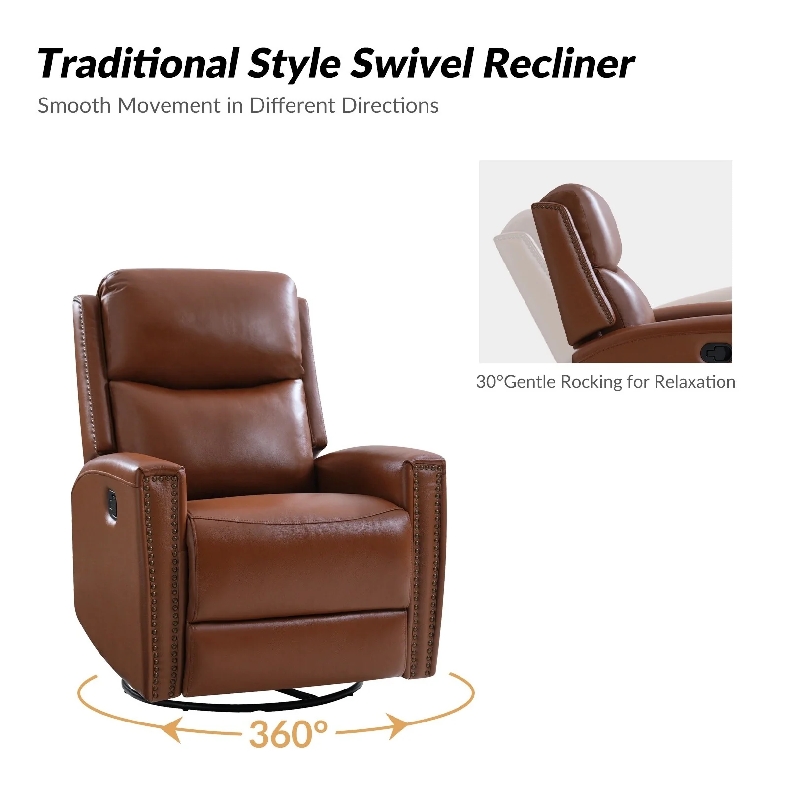 Fiacro 30.31Wide Modern Genuine Leather Wingback Swivel Rocker Recliner with Nailhead Trims, Set of 2