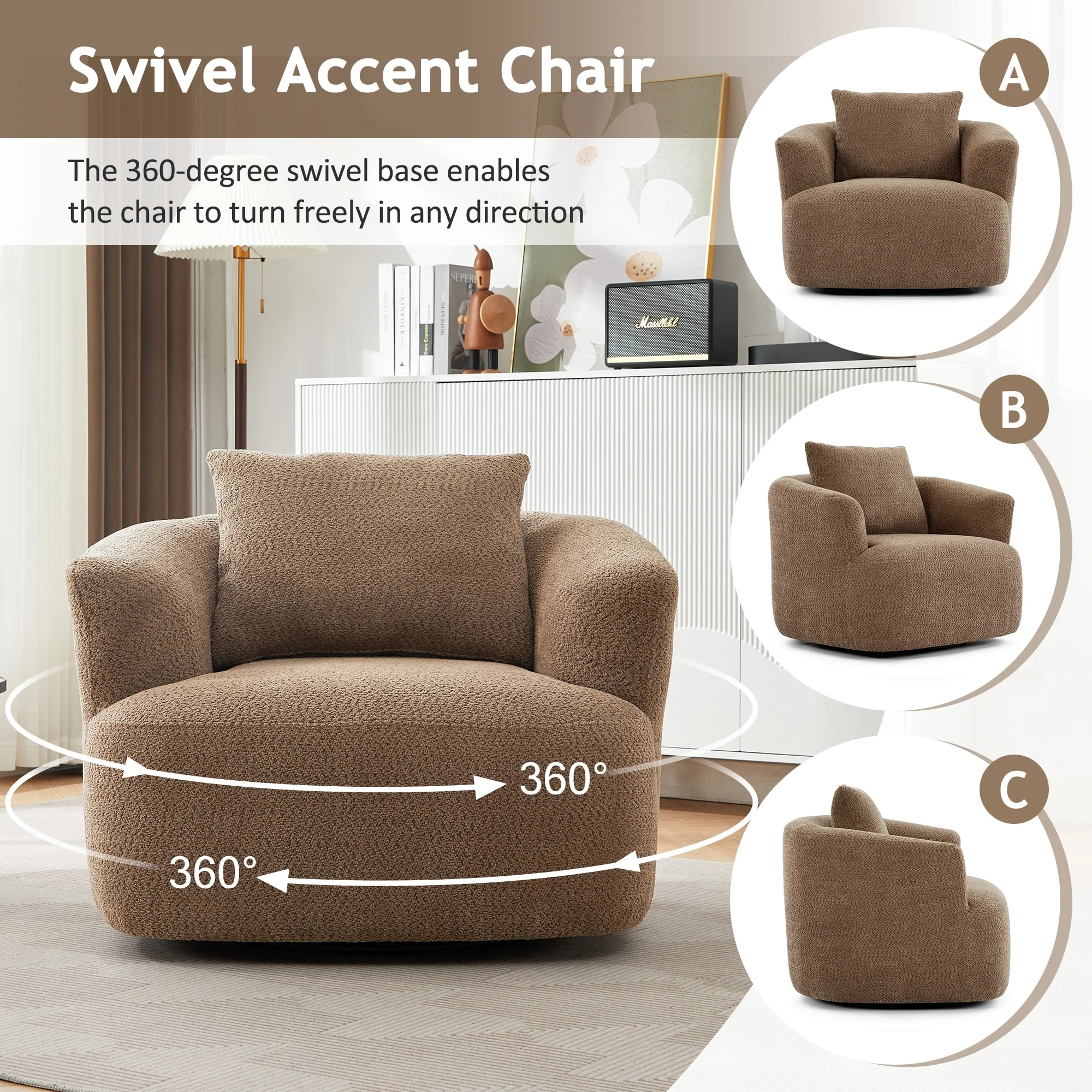 360�� Swivel Chair, 38.2 Boucle Accent Chair with Throw Pillow, Upholstered Barrel Sofa Chair with Curved Armrests