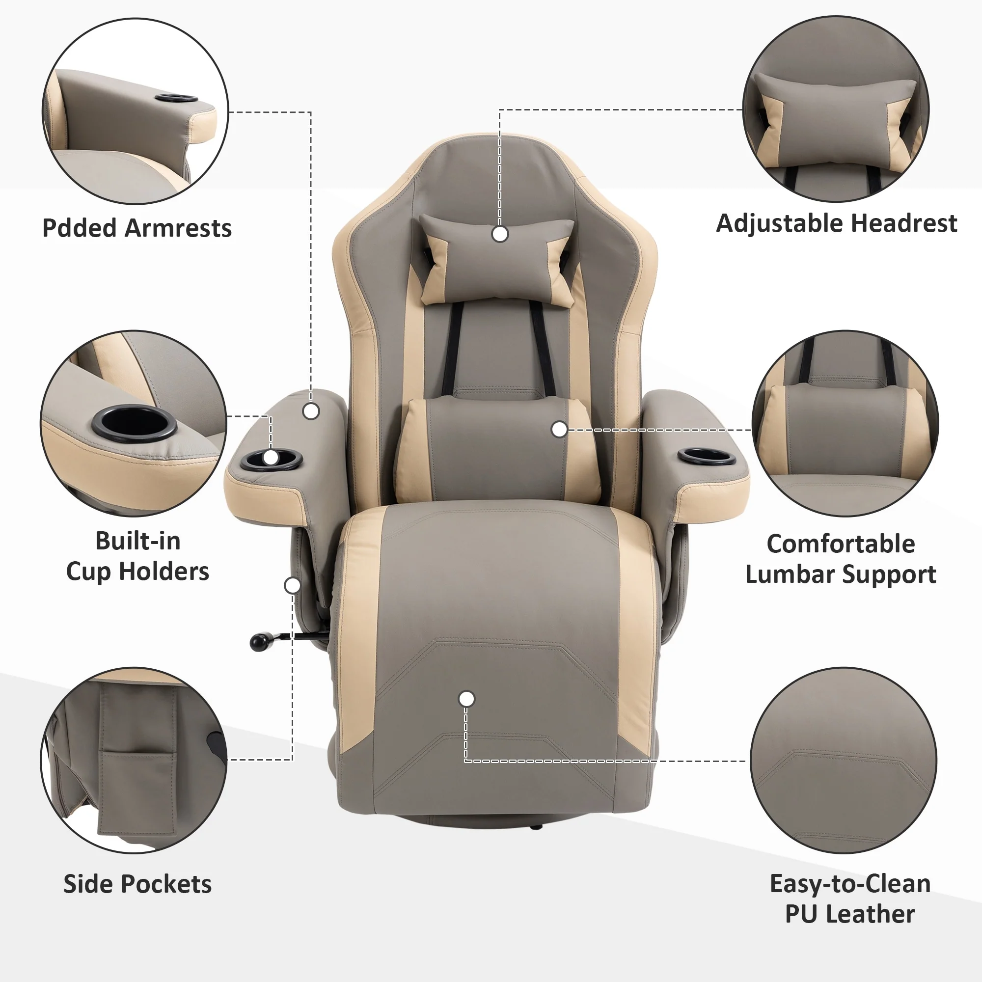 HOMCOM Manual Recliner Armchair PU Leather Lounge Chair w/ Adjustable Leg Rest, 135�� Reclining Function, 360�� Swivel, Cup Holder