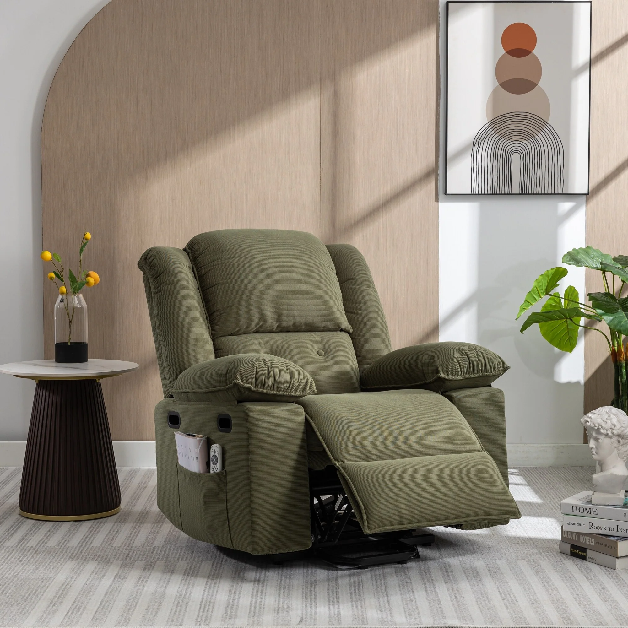 Beige Power Lift Recliner with Massage, Heating, Infinite Recline, Side Pockets, and Retractable Armrests