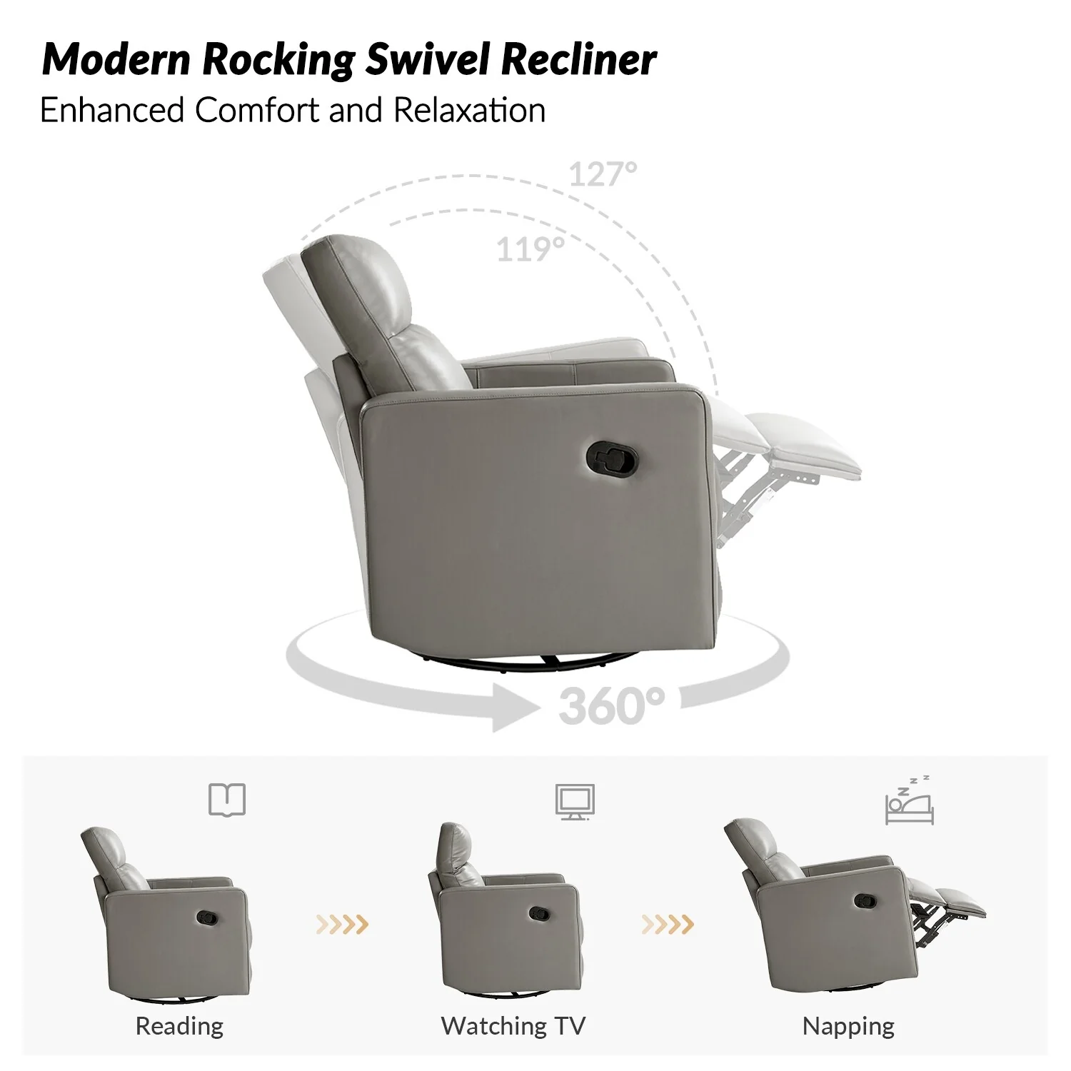 Josefa Modern Genuine Leather Swivel Rocker Recliner by Hulala Home