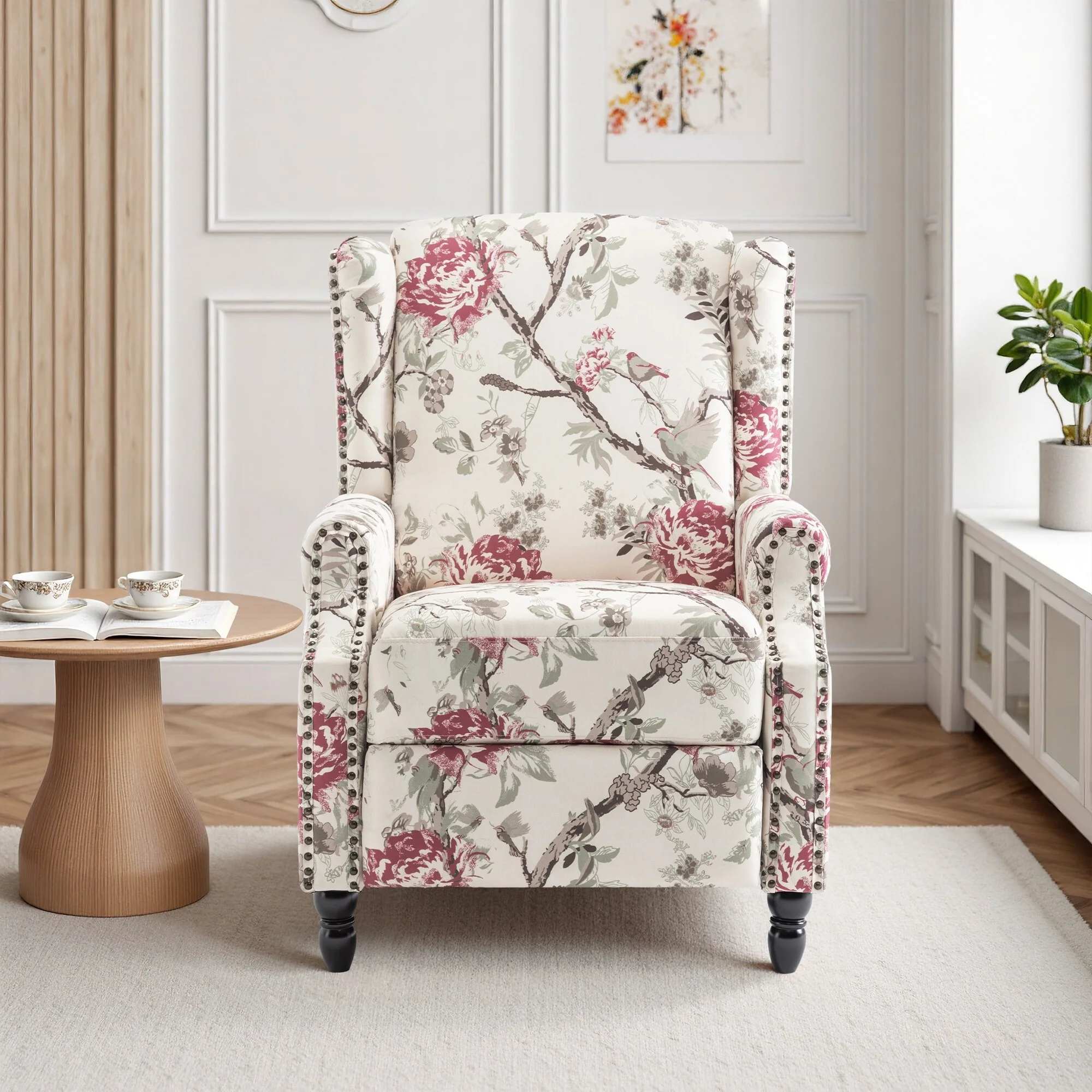 Linen Manual Upholstered Recliner with Wood Legs