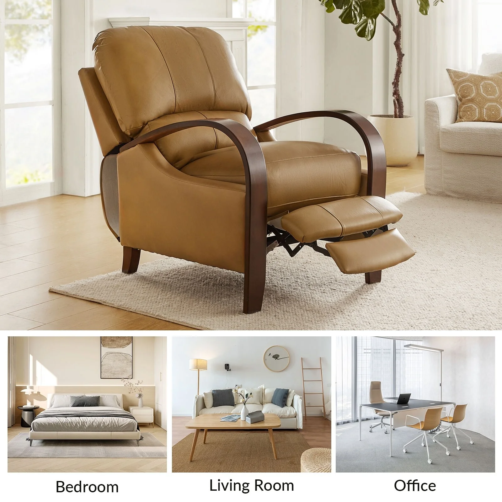 Alex Mid-century Modern Cigar Genuine Leather Manual Recliner with Wooden Curved Arms, Set of 2