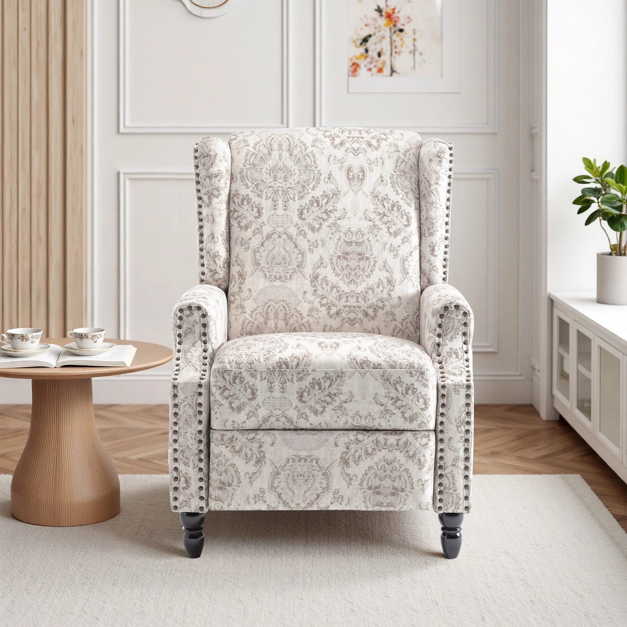 Linen Manual Upholstered Recliner with Wood Legs