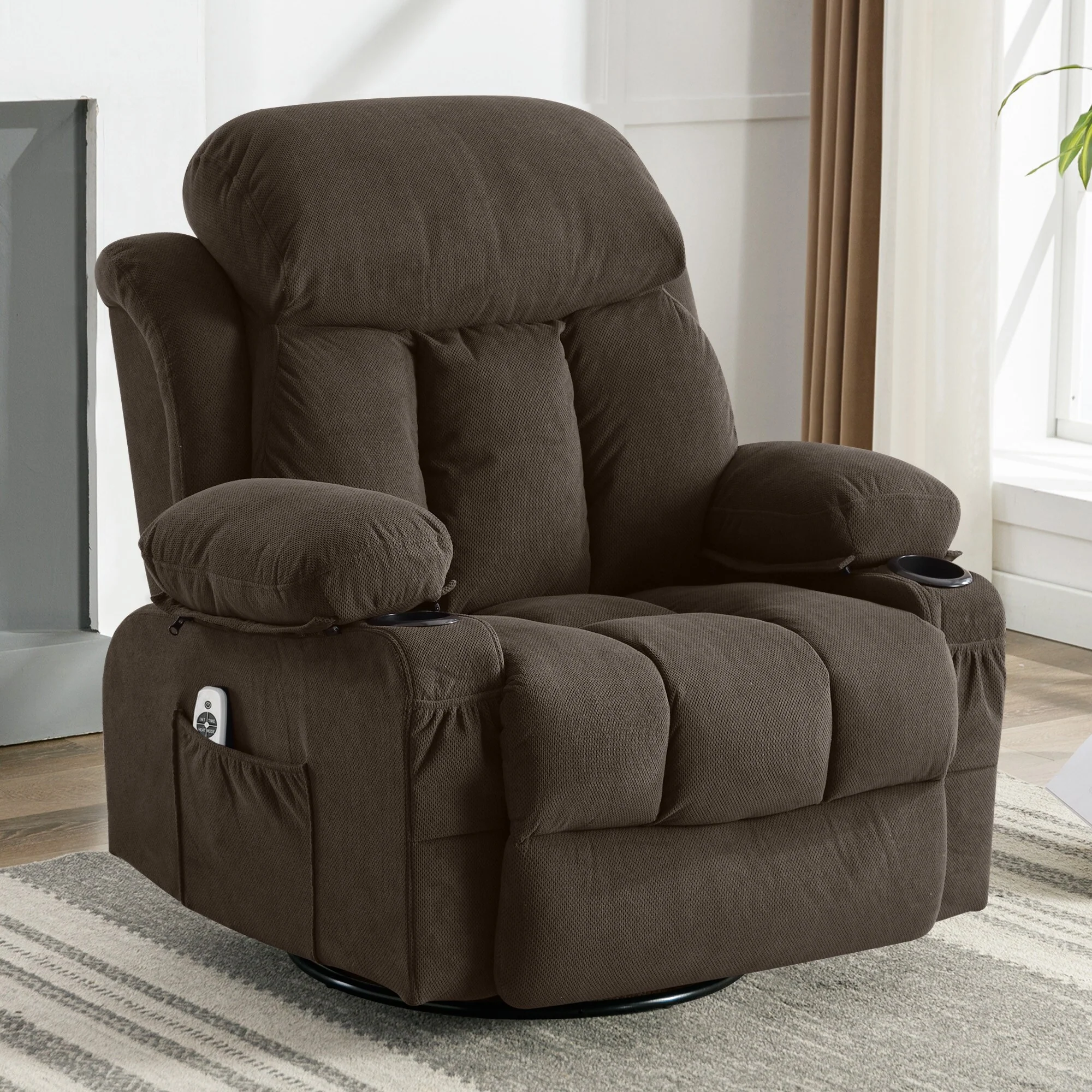 Swinging recliner massage heated sofa, with USB and 2 cup holders in side pockets