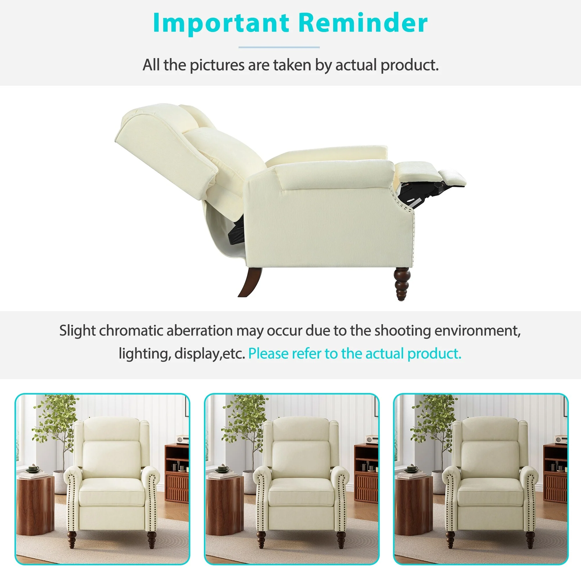 29.75 Push Back Recliner Chair Upholstered Recliner Armchair with Classic Wing Back and Solid Gourd-shaped Wooden Legs