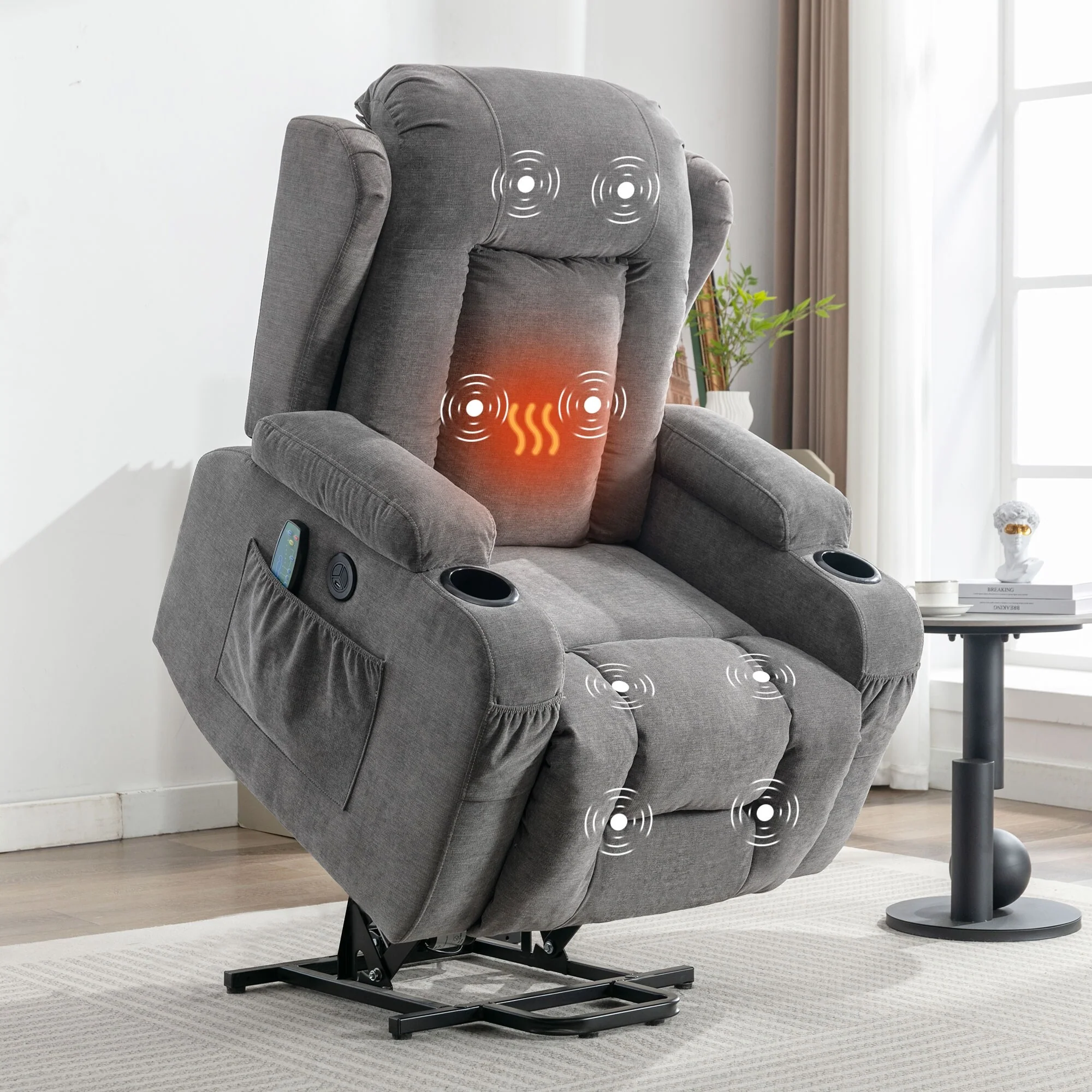 Brown Electric Power Lift Recliner with Heat, Massage, and USB for Elderly