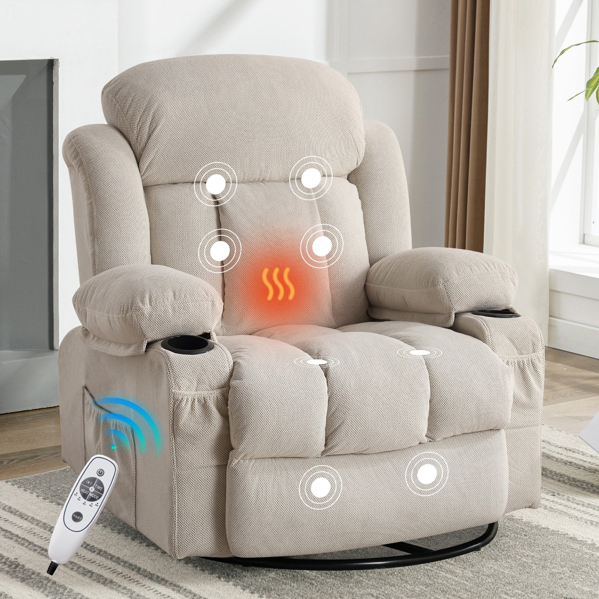 Swinging Recliner Massage Heated Sofa, With Usb And 2 Cup Holders In Side Pockets