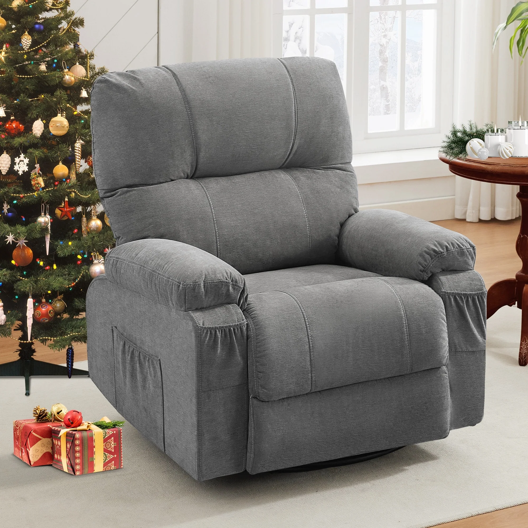 360�� Rotating Recliner Chair with Adjustable Backrest, Swivel Rocking Armchair with Footrest, Soft Cushions & Side Pockets