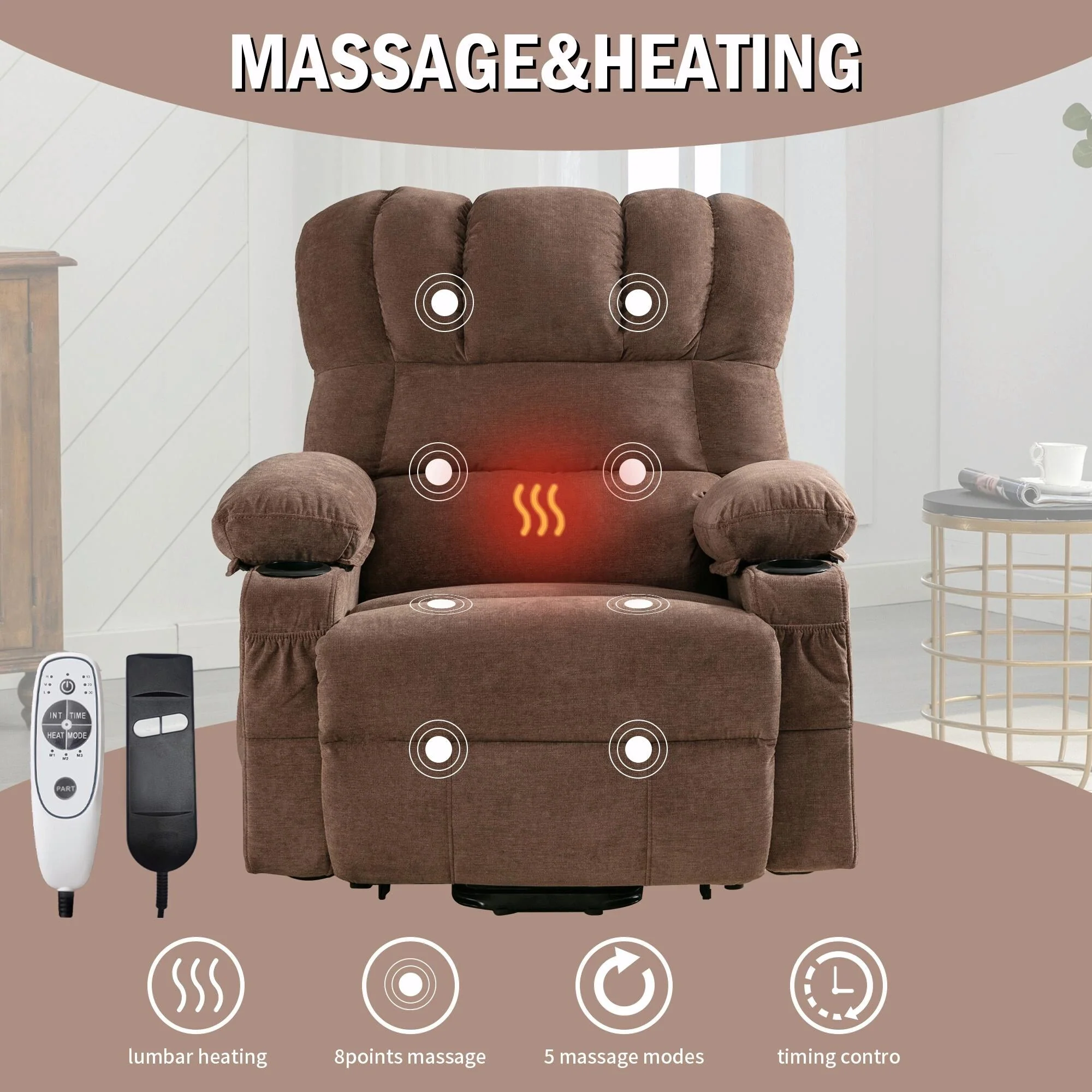 Power Electric Massage Lift Lounge Chair with Heating, Vibration Functions and USB