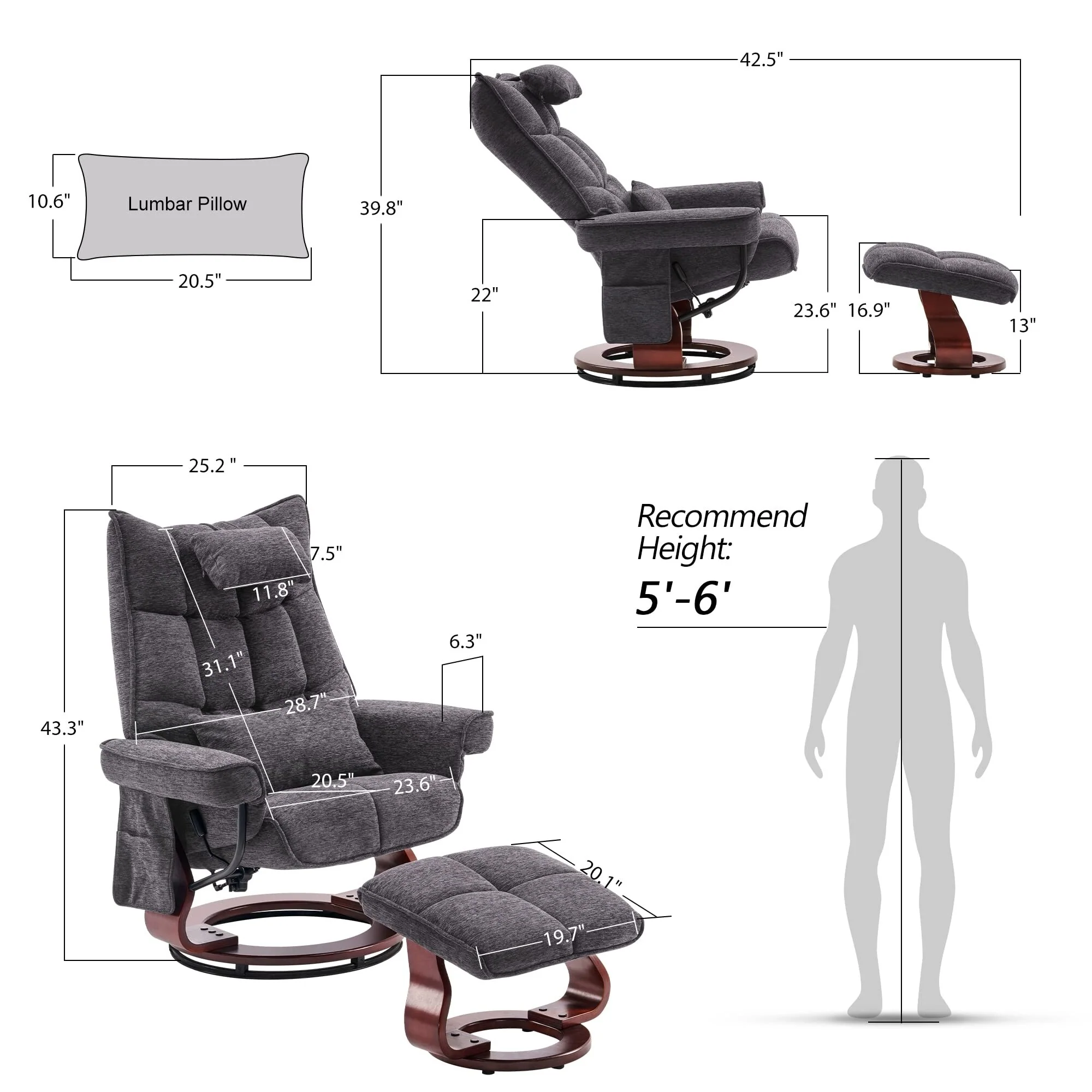 MCombo Swivel Recliner with Ottoman and Neck Pillow, Chenille Fabric