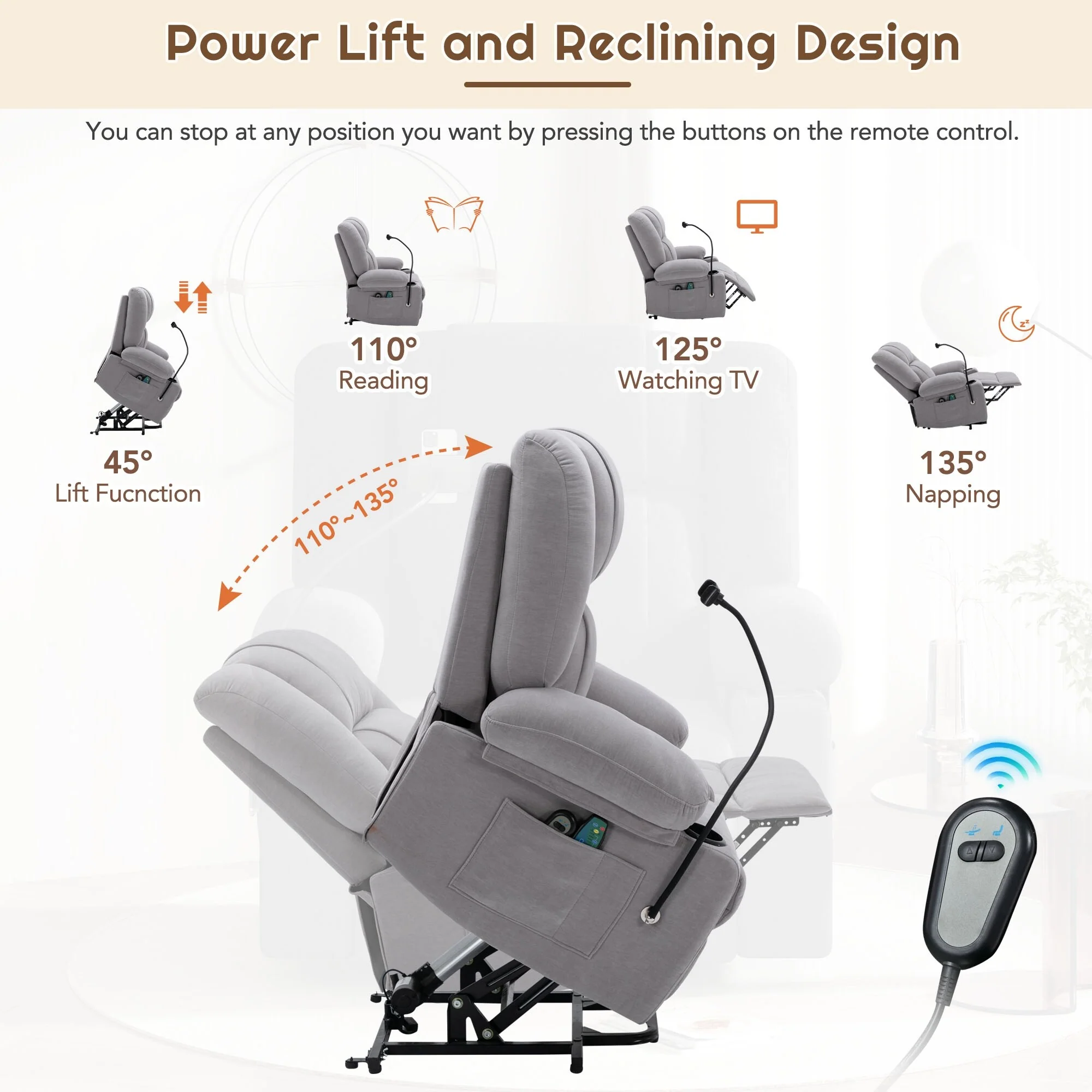 Electric Lift Recliner with Massage, Heating, Cup Holders & 360�� Swivel Phone Stand, Adjustable Recline