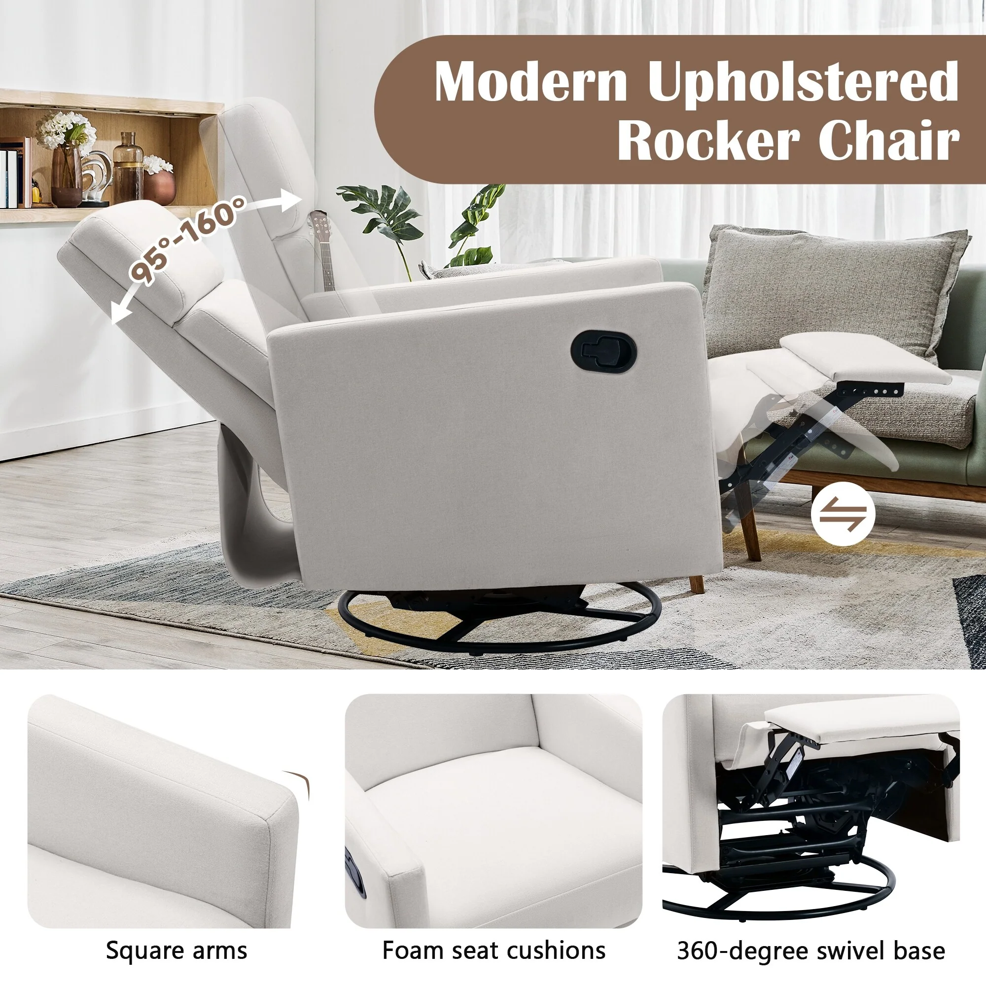 Roomfitters Modern Upholstered Rocker Nursery Chair, Plush Seating Glider Swivel Recliner Chair