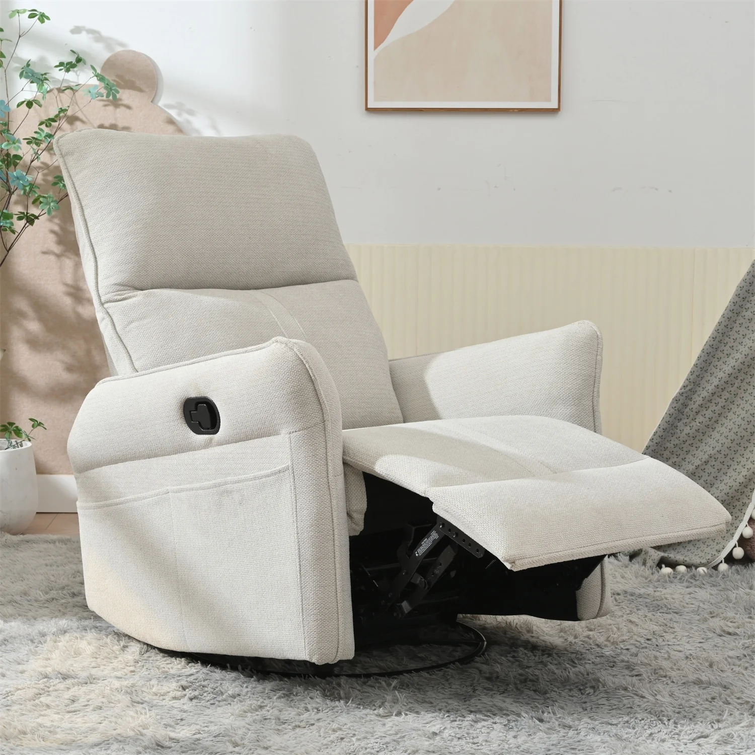 360�� Swivel Rocking Recliner Chair, Manual Glider with Footrest, Modern Padded Lounge Chair for Small Spaces, Side Pockets