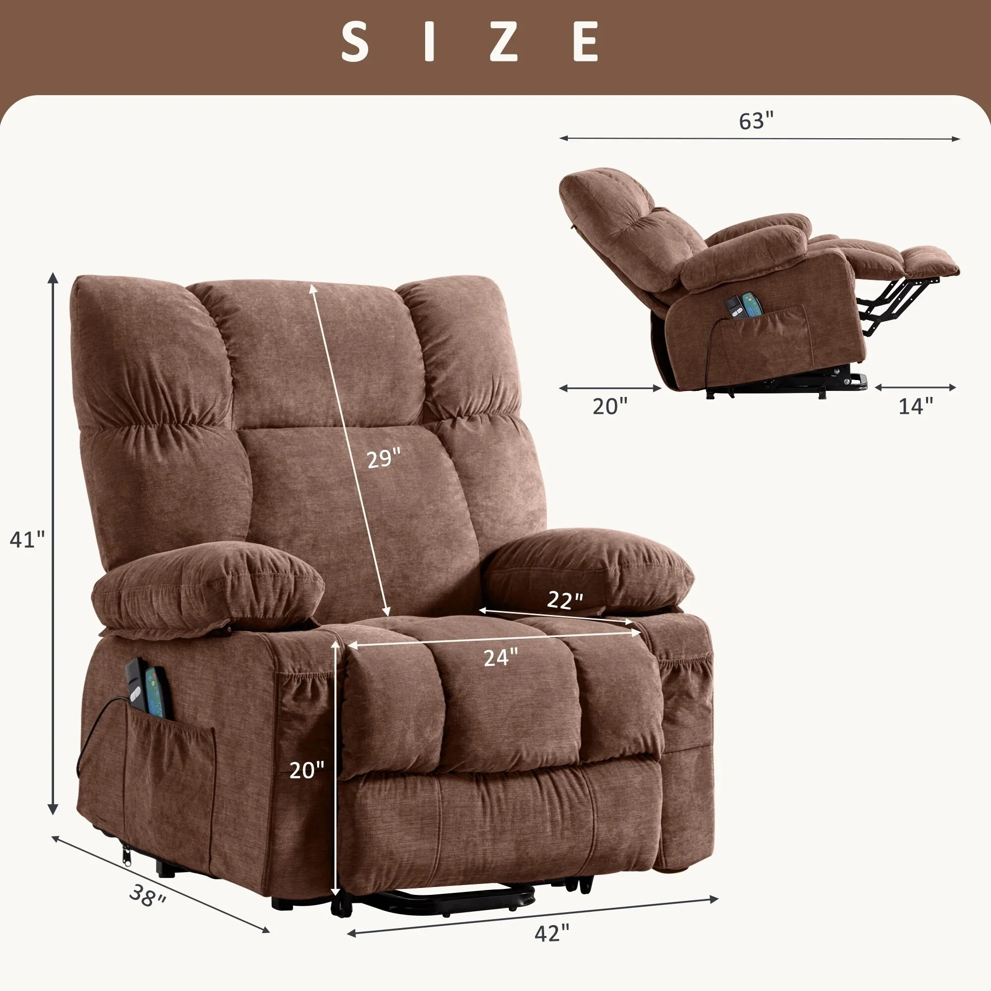 Blue Power Lift Recliner Chair with Heat, Massage, USB Charging, Side Pockets and Remote Control