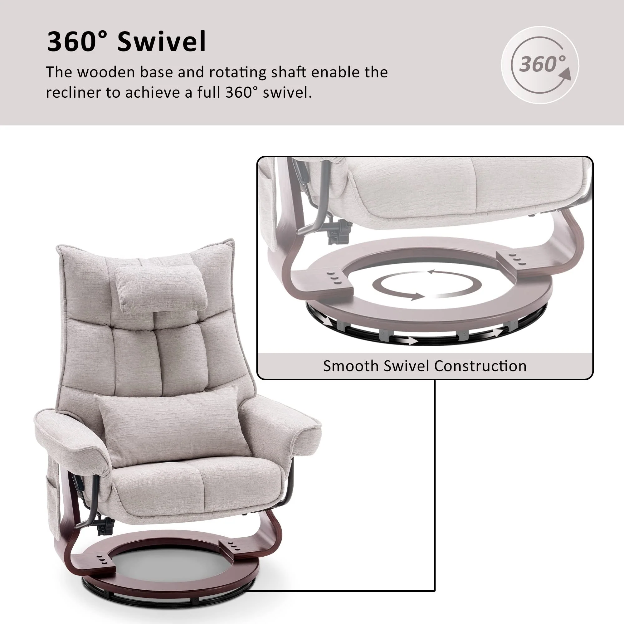 MCombo Swivel Recliner with Ottoman and Neck Pillow, Chenille Fabric
