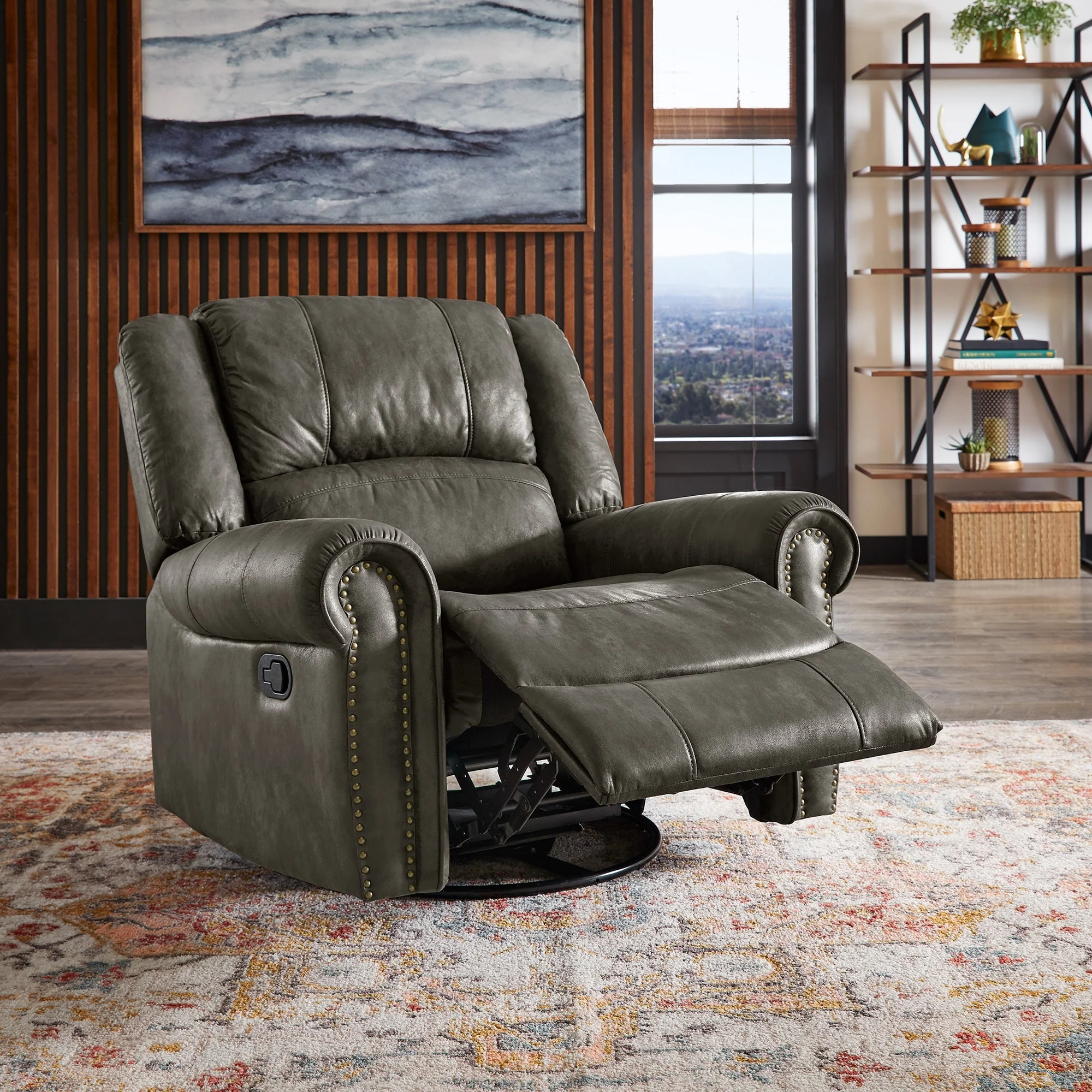 Monroe Polished Microfiber Nailhead Swivel Glider Recliner by iNSPIRE Q Classic
