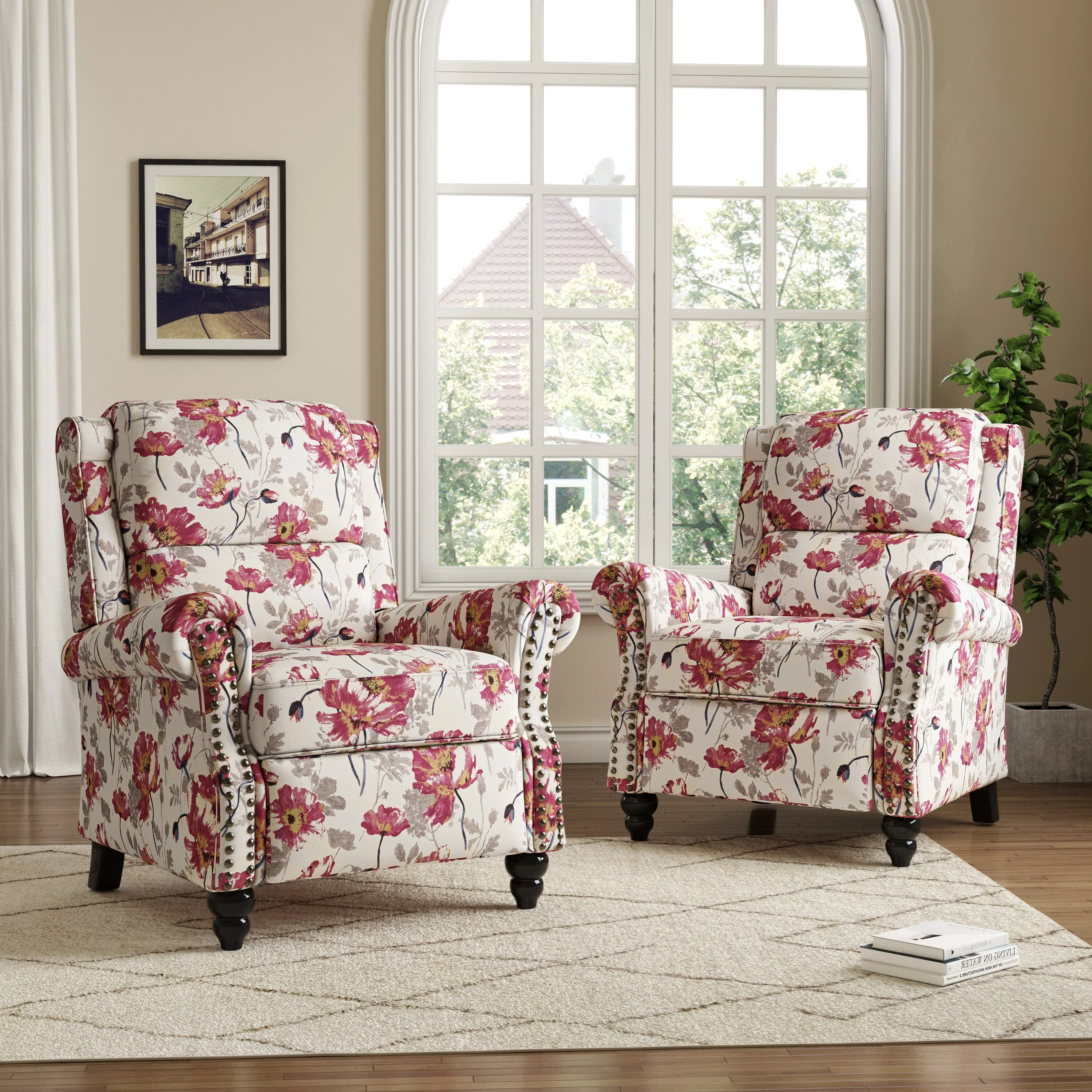 2 Set Manual Pushback Recliner Chair with Nailhead Trim