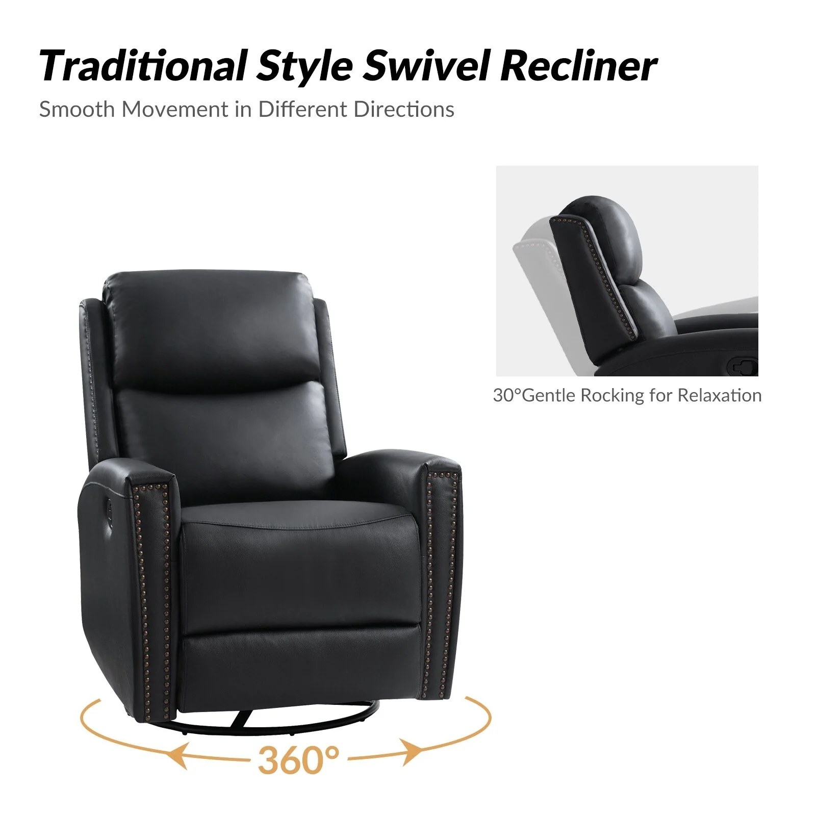 Fiacro 30.31Wide Modern Genuine Leather Wingback Swivel Rocker Recliner with Nailhead Trims