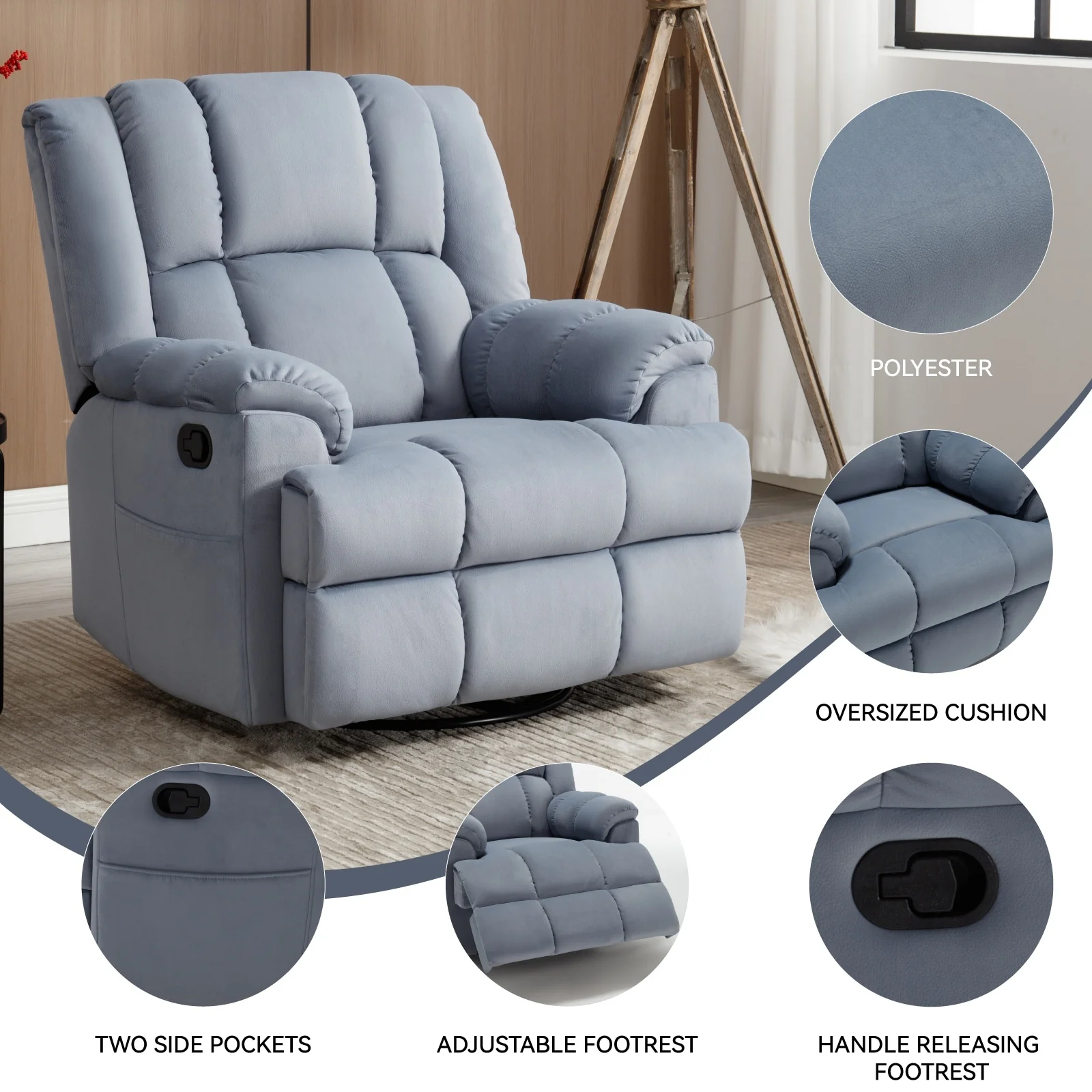 Extra-Large Manual Recliner Chair with 360�� Swivel Base and Rocking Motion, Tool-Free Assembly