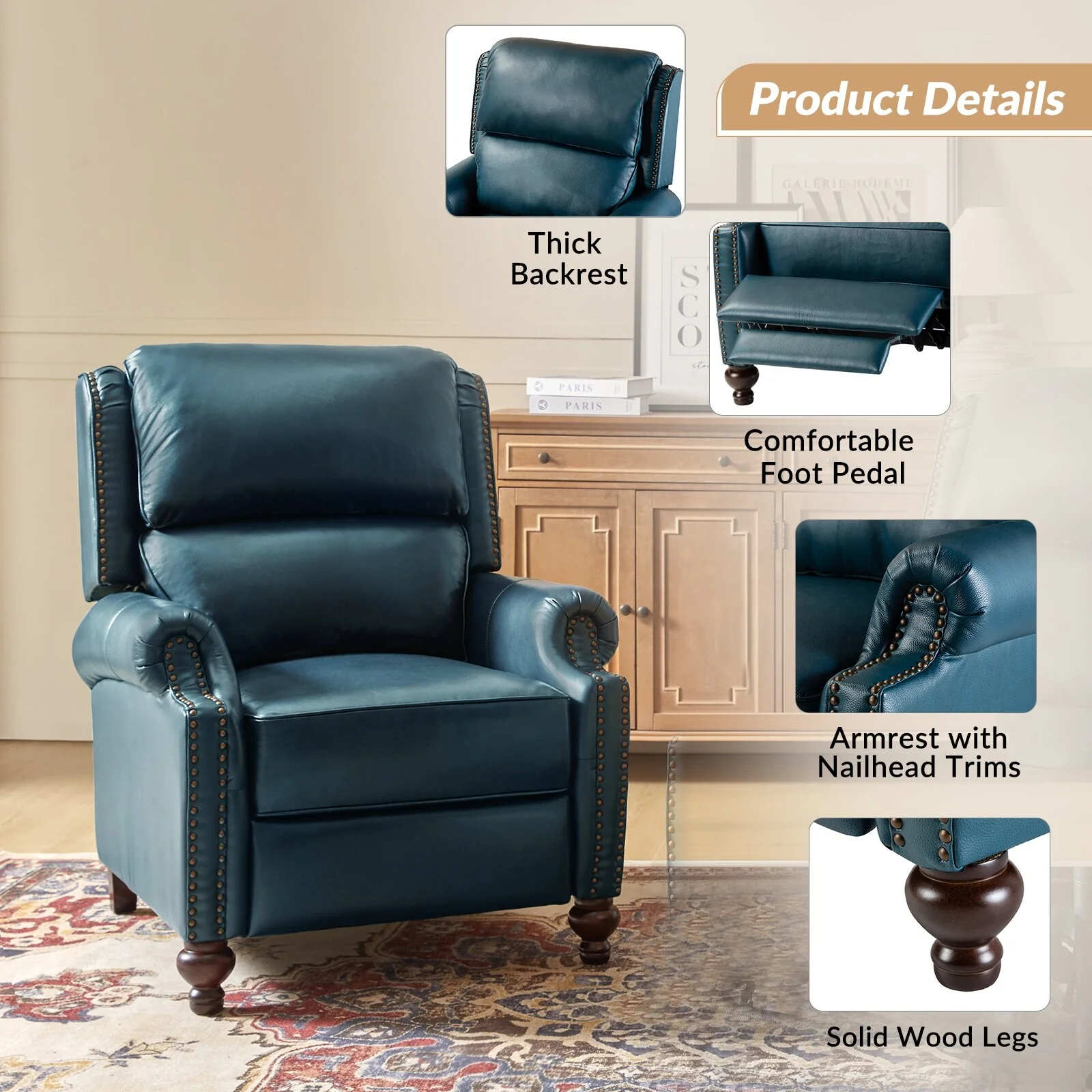 Gabriela Mid-Century Modern Genuine Leather Recliner Nail Head Trim Set of 2 by HULALA HOME