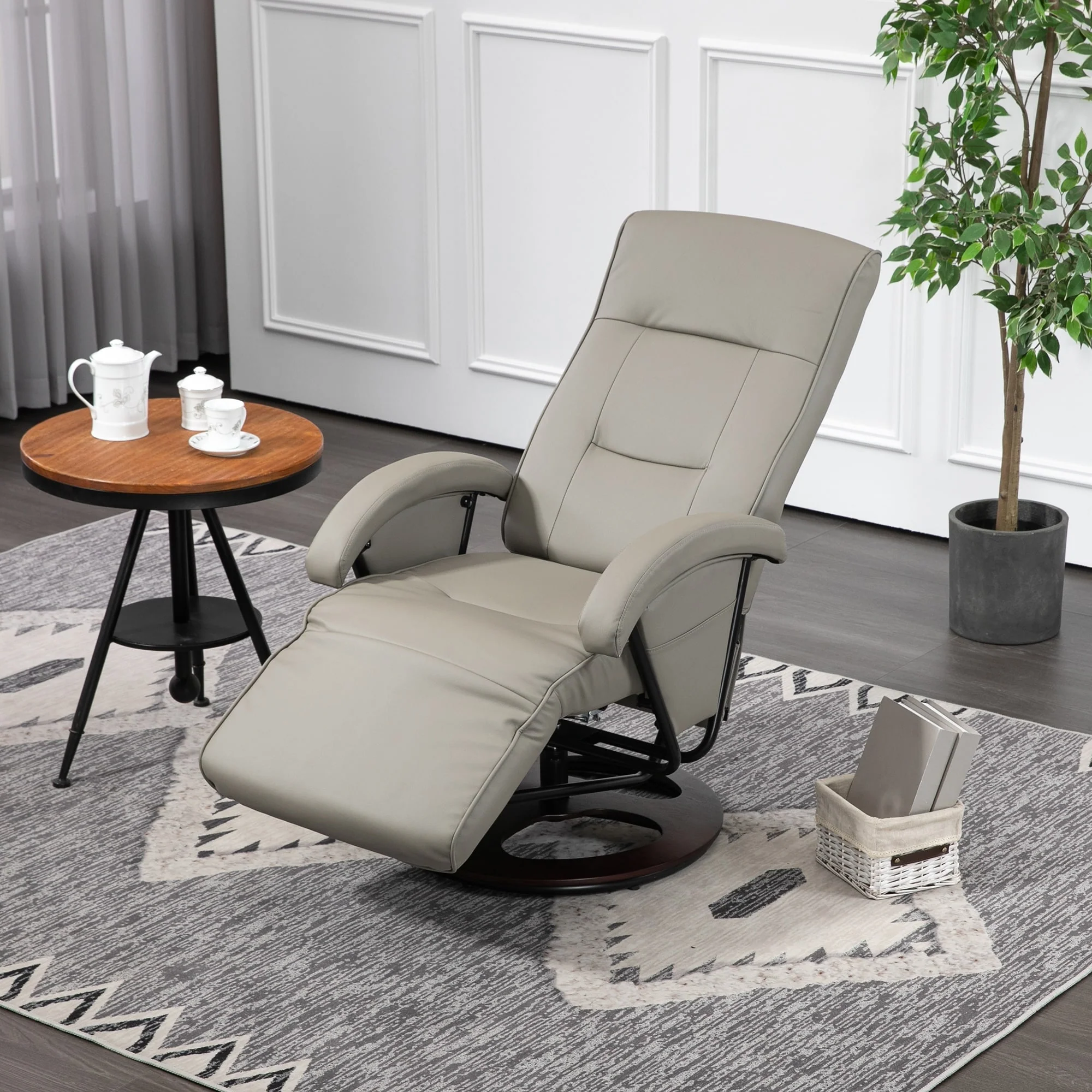 HOMCOM PU Recliner with Footrest, Lounge Chair with 135�� Adjustable Backrest, Swivel Wood Base
