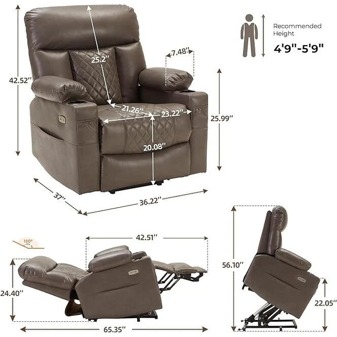 Grey Power Lift Recliner with Heat, Massage, USB, and Extended Footrest